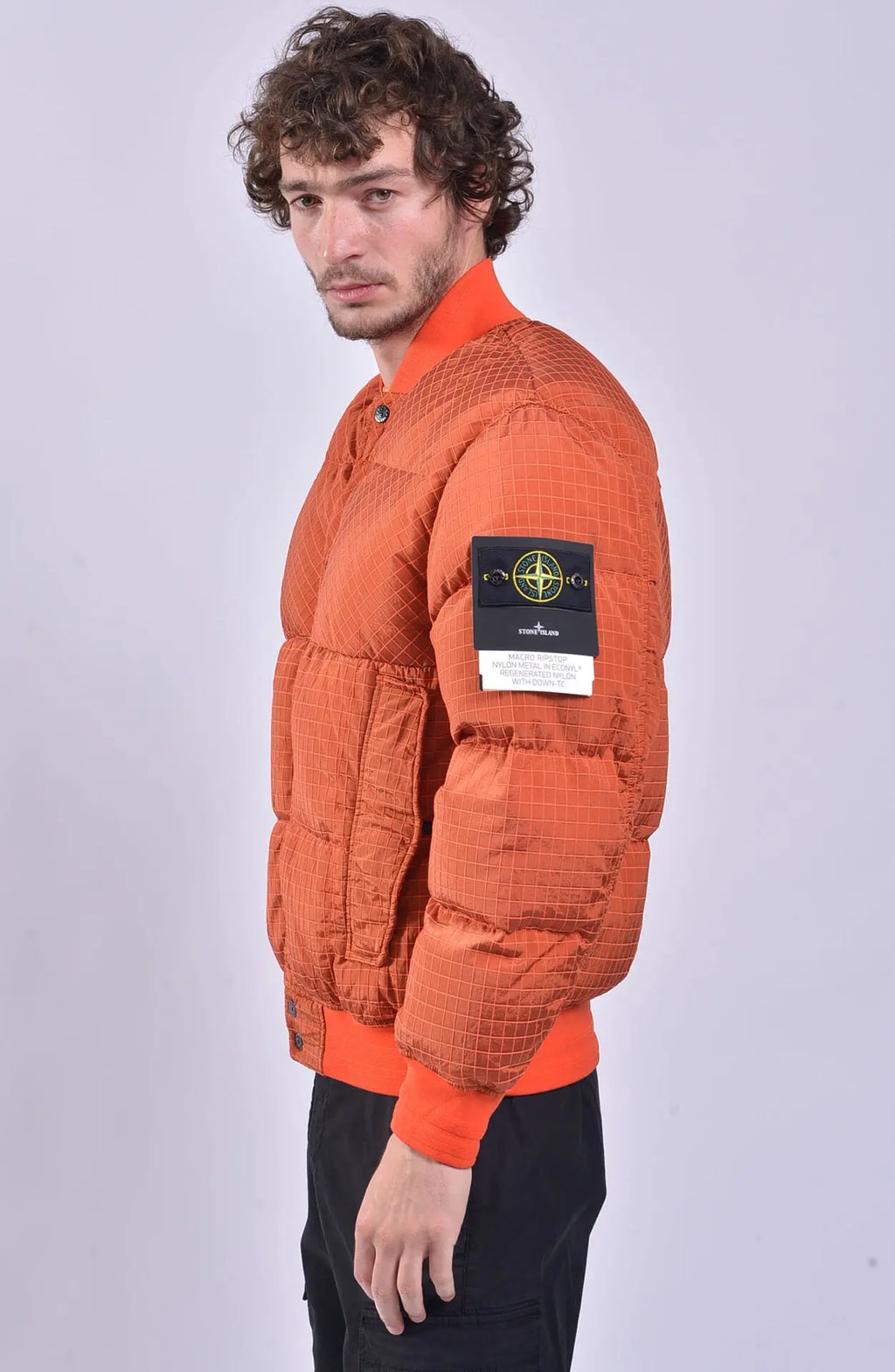 Stone Island, Mens Jacket, Bomber Jacket, Orange, YKK Zipper, Stone Island Buttons, Snaps, Stone Island Badge, Left-Side Photo. 