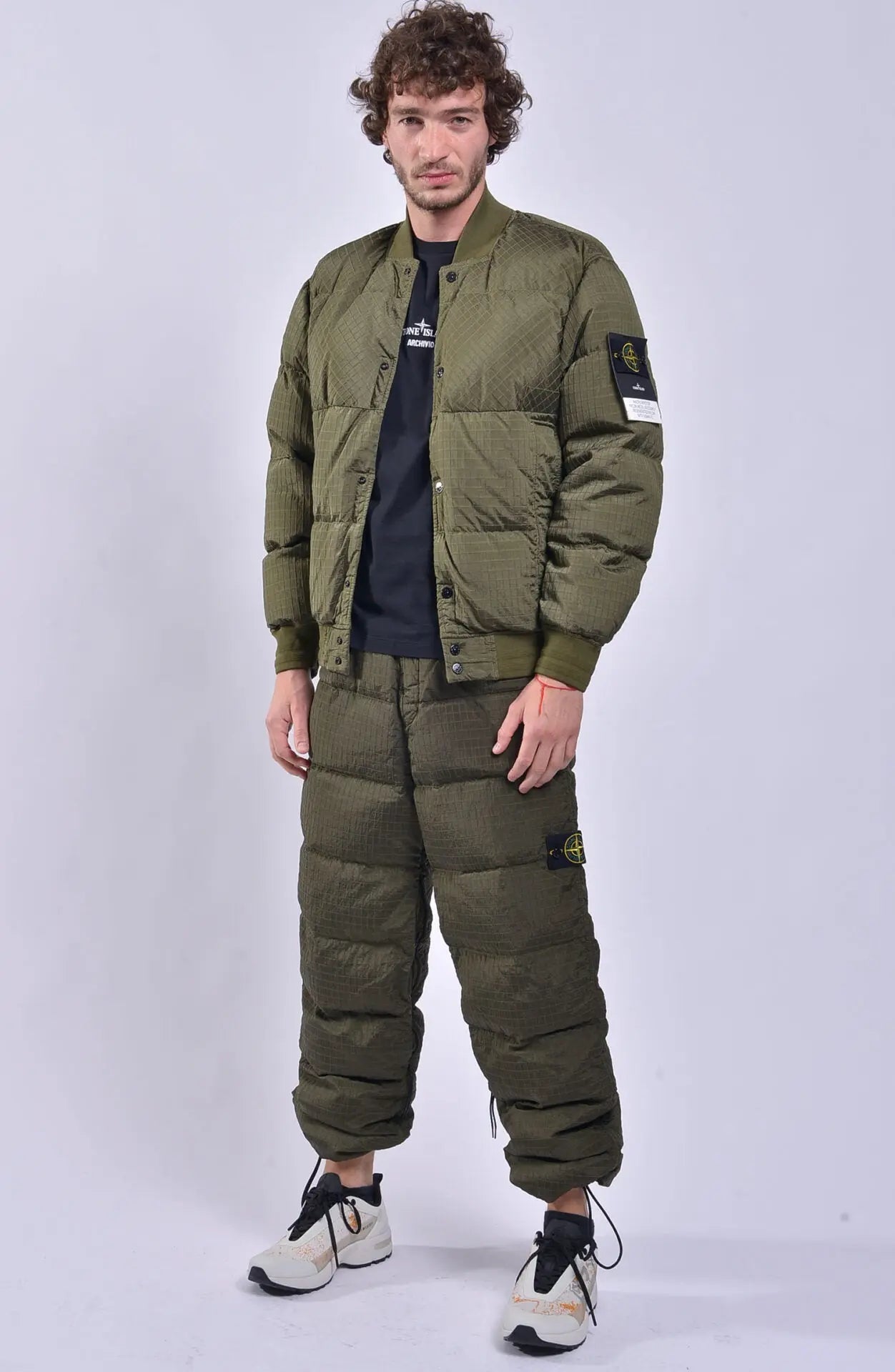 Stone Island, Mens Jacket, Bomber Jacket, Macro Ripstop, Green, Pockets, Stone Island Buttons, YKK Zipper, Stone Island Badge, Full Body Front Photo. 