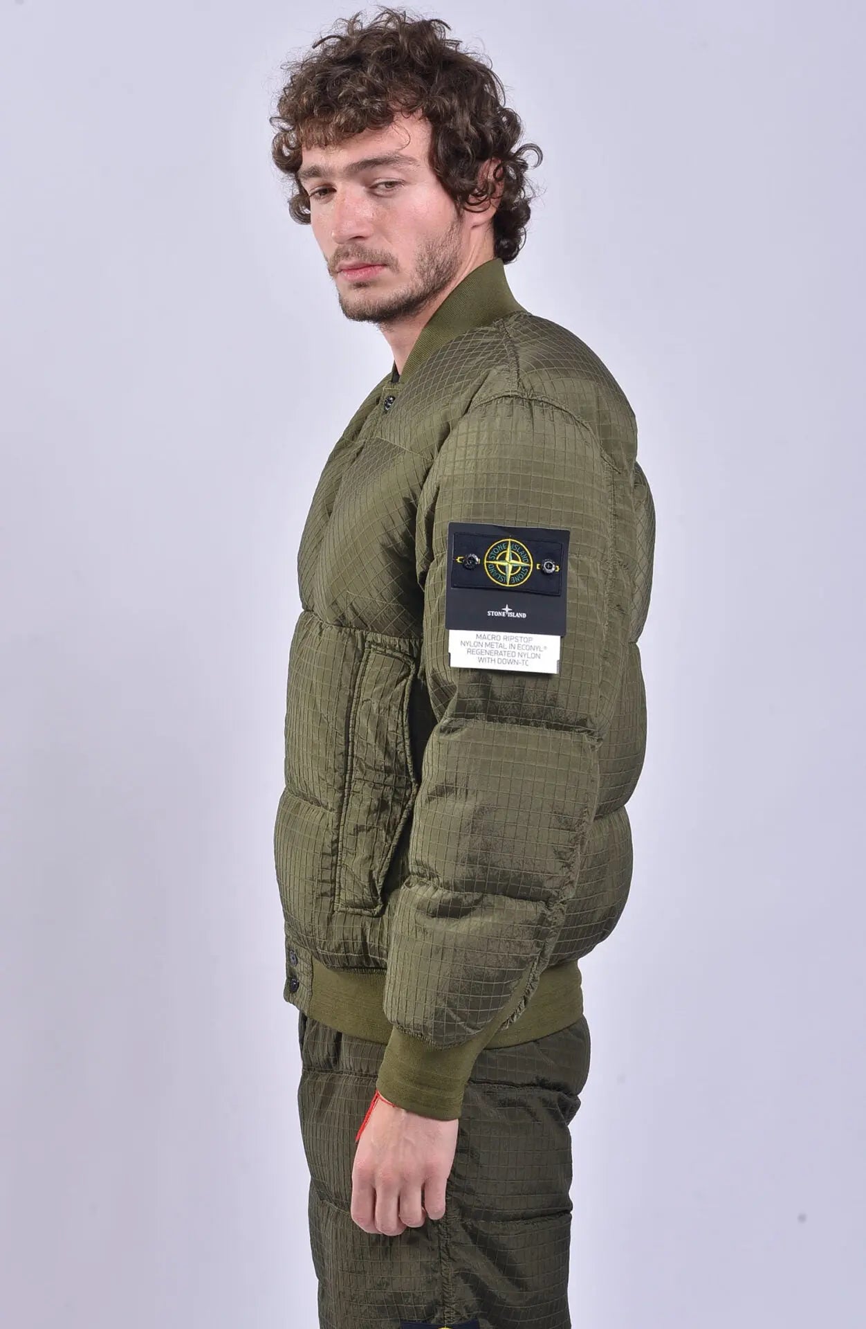 Stone Island, Mens Jacket, Bomber Jacket, Macro Ripstop, Green, Pockets, Stone Island Buttons, YKK Zipper, Stone Island Badge, Side Photo. 