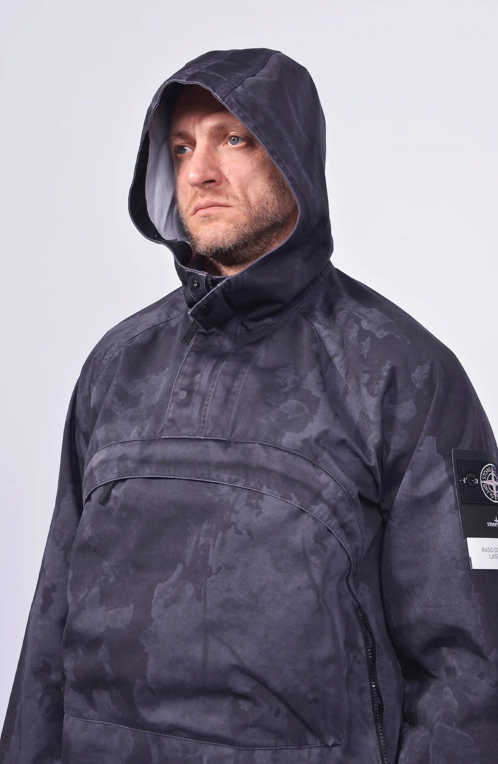 Stone Island Shadow Project, Mens Jacket, Laser Camo Grey V0062, YKK Zippers, Compass Badge, Hooded, Velcro Sleeve Ends, Любо Чука, Hooded 3/4 Photo. 