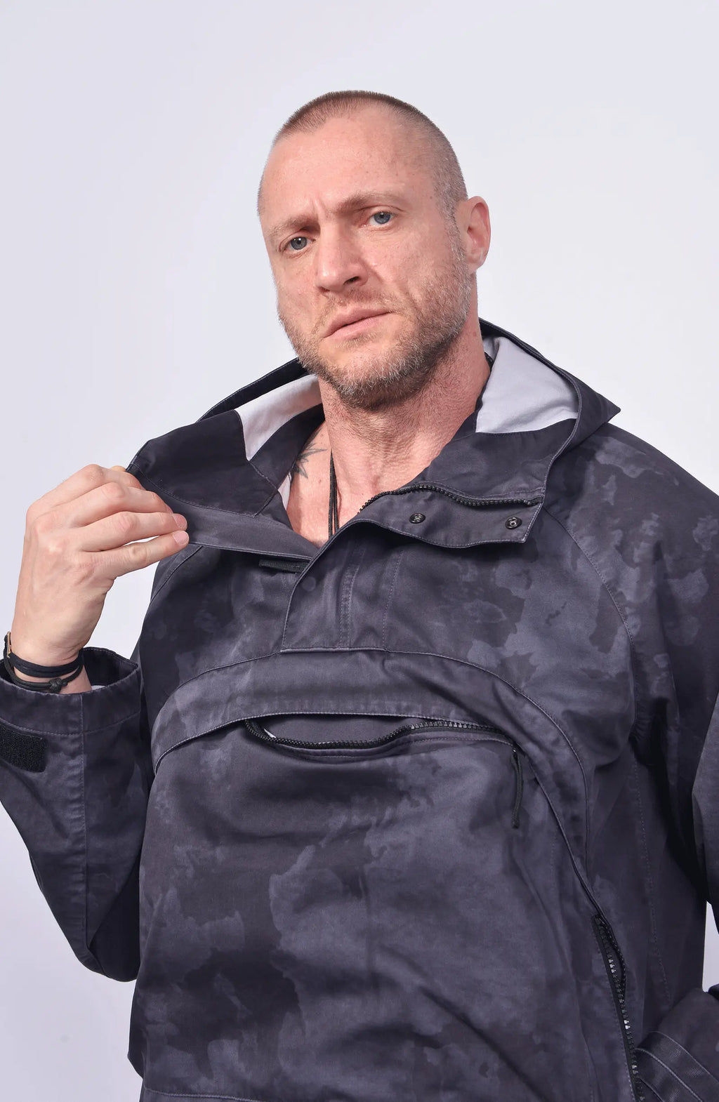 Stone Island Shadow Project, Mens Jacket, Laser Camo Grey V0062, YKK Zippers, Compass Badge, Hooded, Velcro Sleeve Ends, Любо Чука, Hood Showcase Photo. 