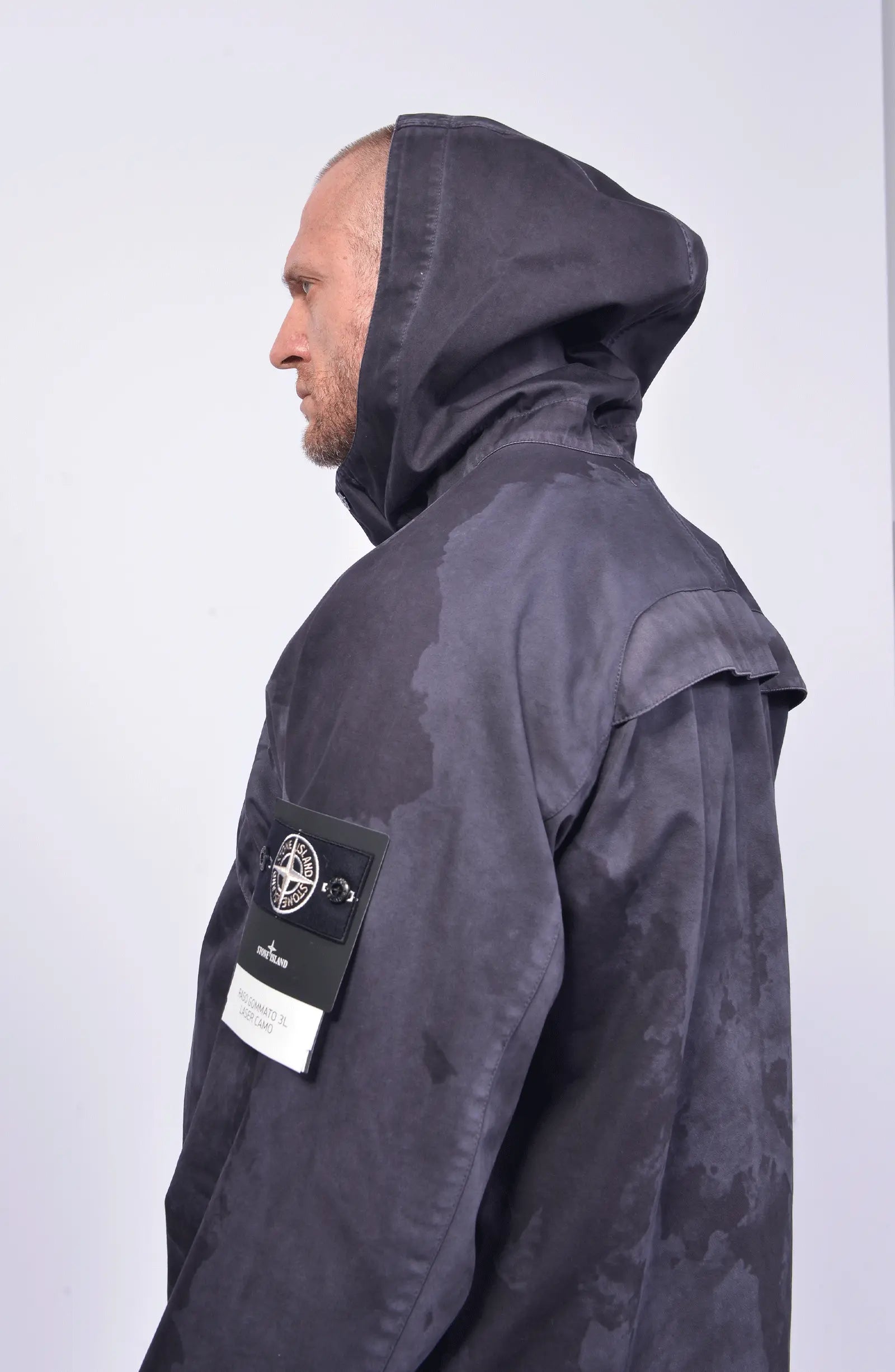 Stone Island Shadow Project, Mens Jacket, Laser Camo Grey V0062, YKK Zippers, Compass Badge, Hooded, Velcro Sleeve Ends, Любо Чука, Side Angle Photograph. 