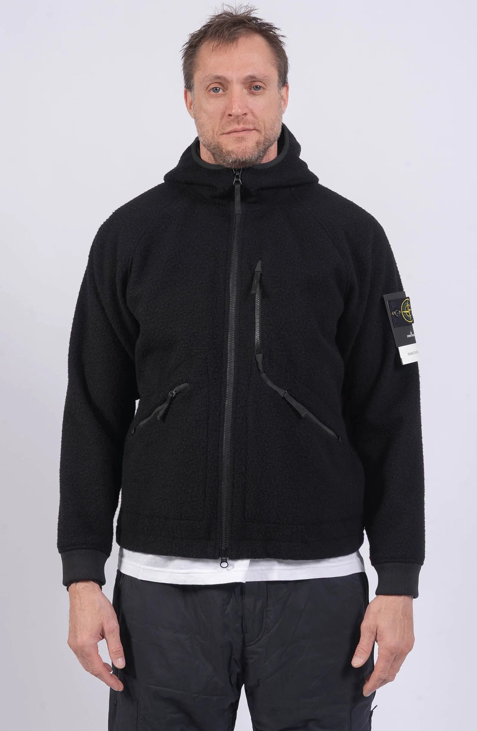 Stone Island, Mens Jacket, Black V0029, Full Zip, YKK Zippers, Side Zip Pockets, Ribbed Cuffs, Hooded, Wool Nylon Blend, Long Sleeves, Любо Чука, Front Portrait. 