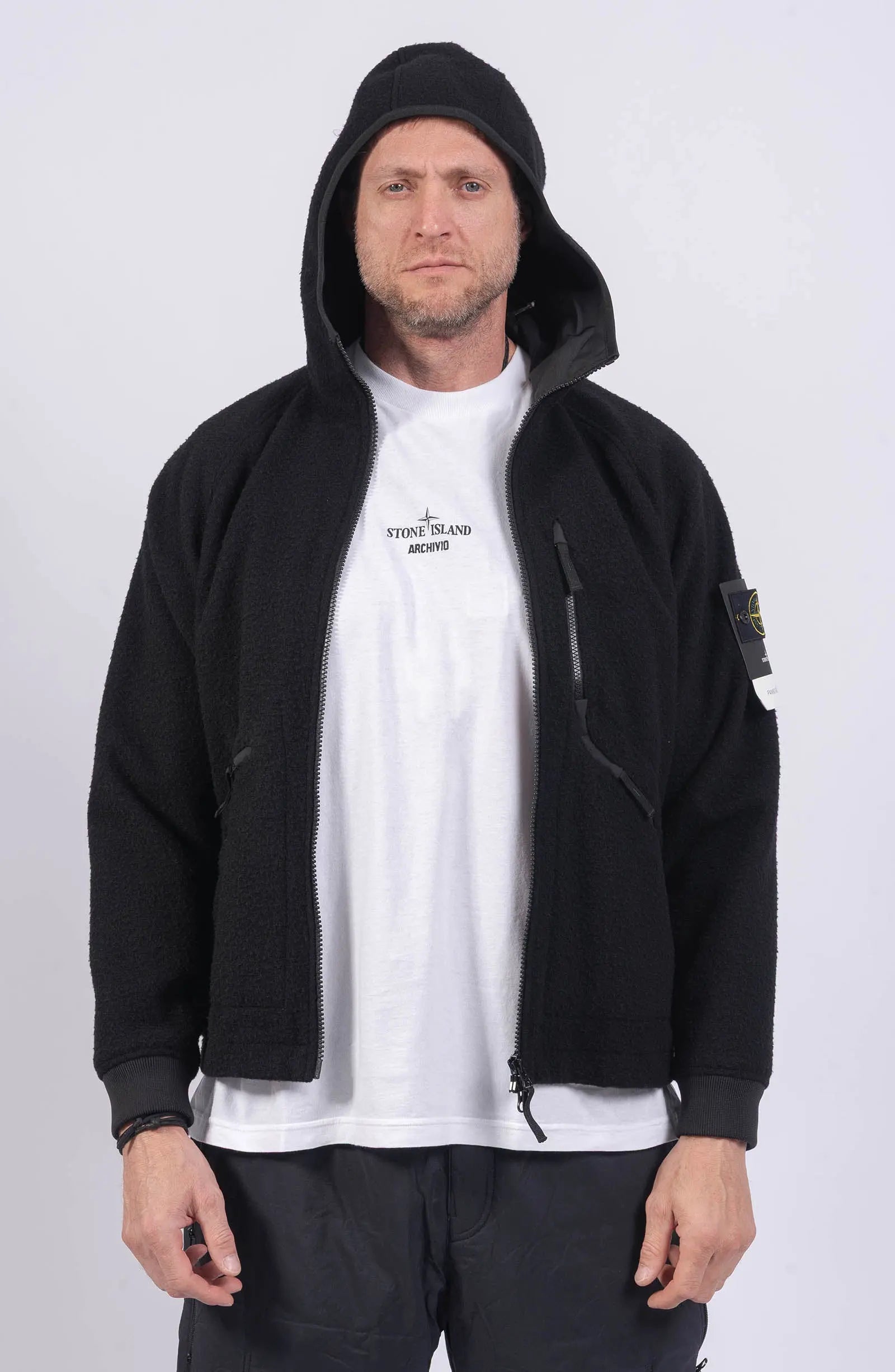 Stone Island, Mens Jacket, Black V0029, Full Zip, YKK Zippers, Side Zip Pockets, Ribbed Cuffs, Hooded, Wool Nylon Blend, Long Sleeves, Любо Чука, Hooded Unzipped. 