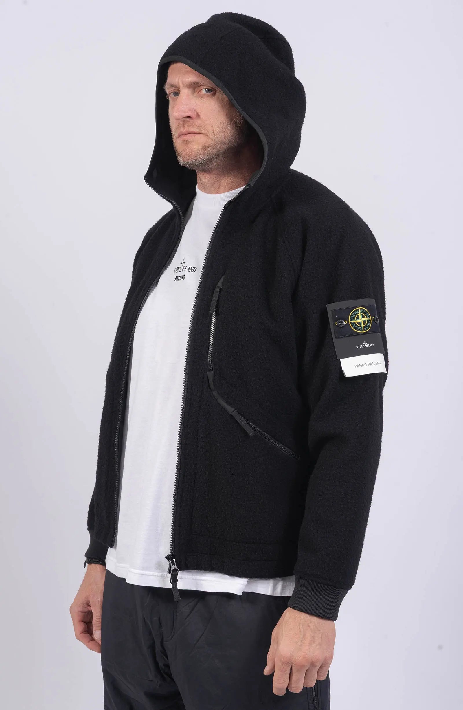 Stone Island, Mens Jacket, Black V0029, Full Zip, YKK Zippers, Side Zip Pockets, Ribbed Cuffs, Hooded, Wool Nylon Blend, Long Sleeves, Любо Чука, Hooded Unzipped 3/4 Photo. 