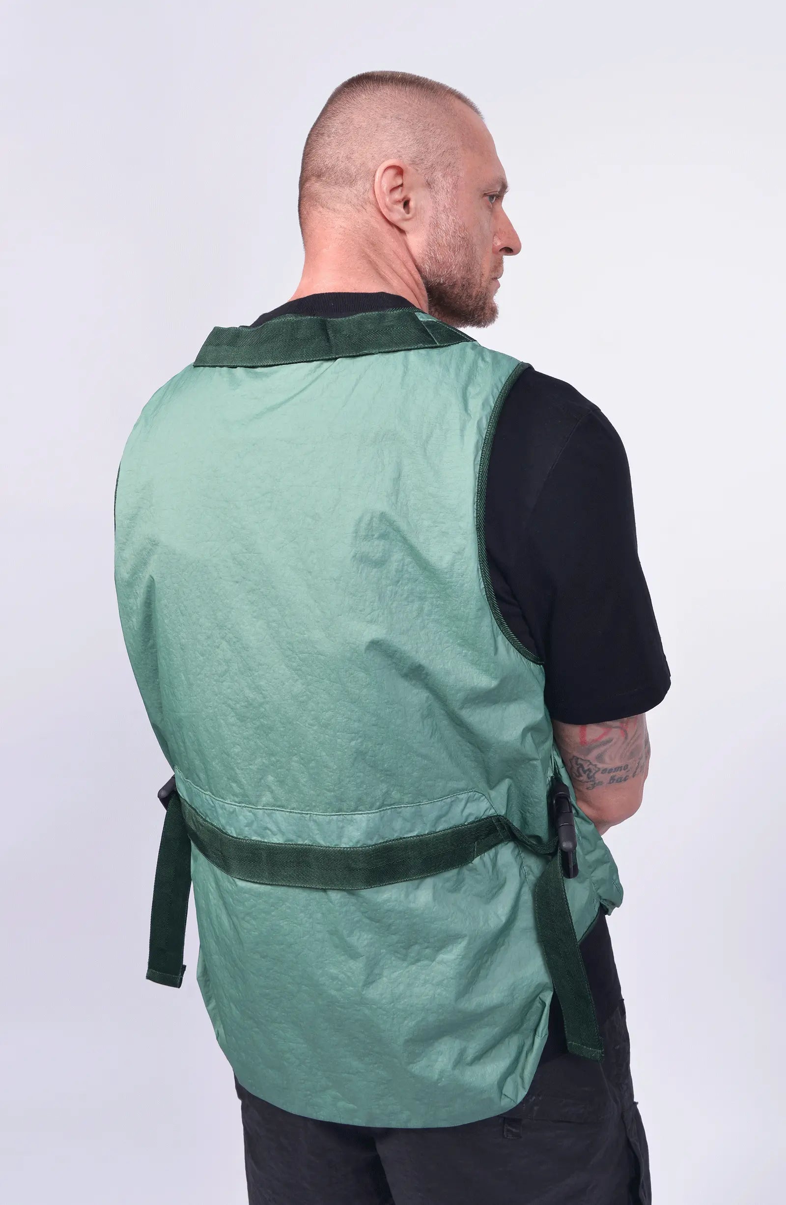 Stone Island, Mens Vest, Mint Green V005B, YKK Zippers, Pockets, Buckle, Compass Badge, Любо Чука, Back Photo. 