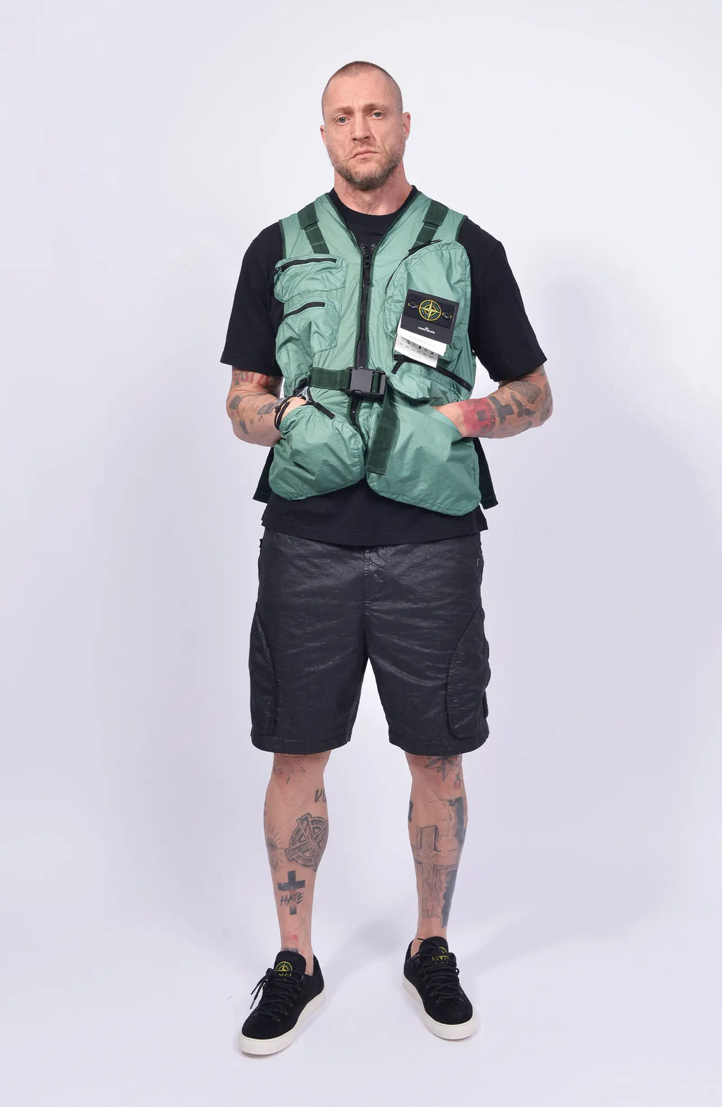 Stone Island, Mens Vest, Mint Green V005B, YKK Zippers, Pockets, Buckle, Compass Badge, Любо Чука, Hands in pockets. 