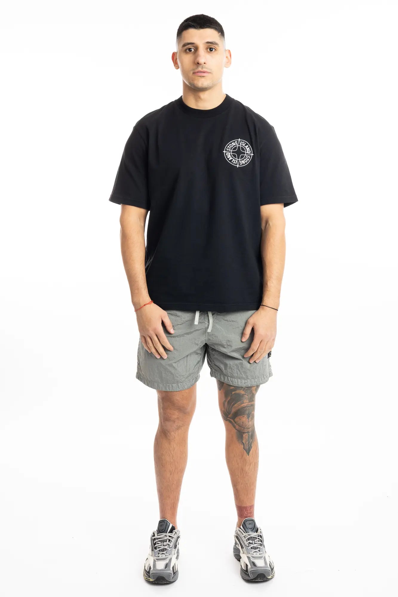 Stone Island, Mens Shorts, Grey V0061, Zip Pockets, Side Pockets, Ykk Zippers, Elasticated Waistband, Drawstring, Compass Badge, Logo-patch, Nylon Metal, Reebok Premier Road Ultra, Tattos, Full Body Photo. 