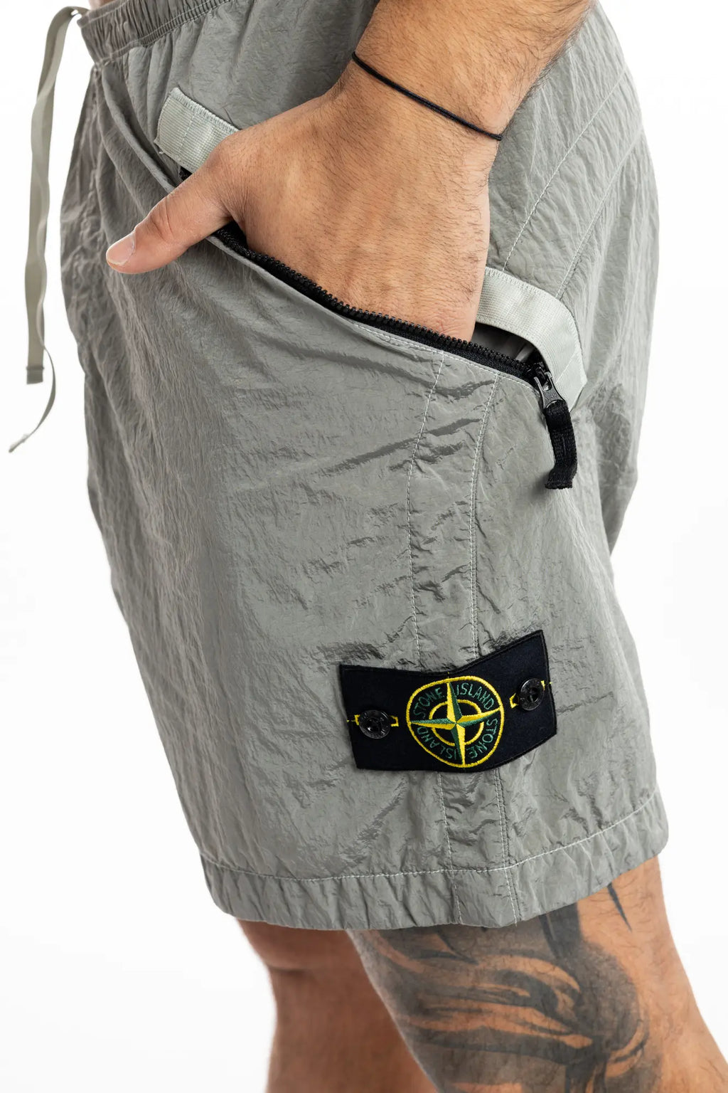 Stone Island, Mens Shorts, Grey V0061, Zip Pockets, Side Pockets, Ykk Zippers, Elasticated Waistband, Drawstring, Compass Badge, Logo-patch, Nylon Metal, Reebok Premier Road Ultra, Tattos, Hand In Pocket.