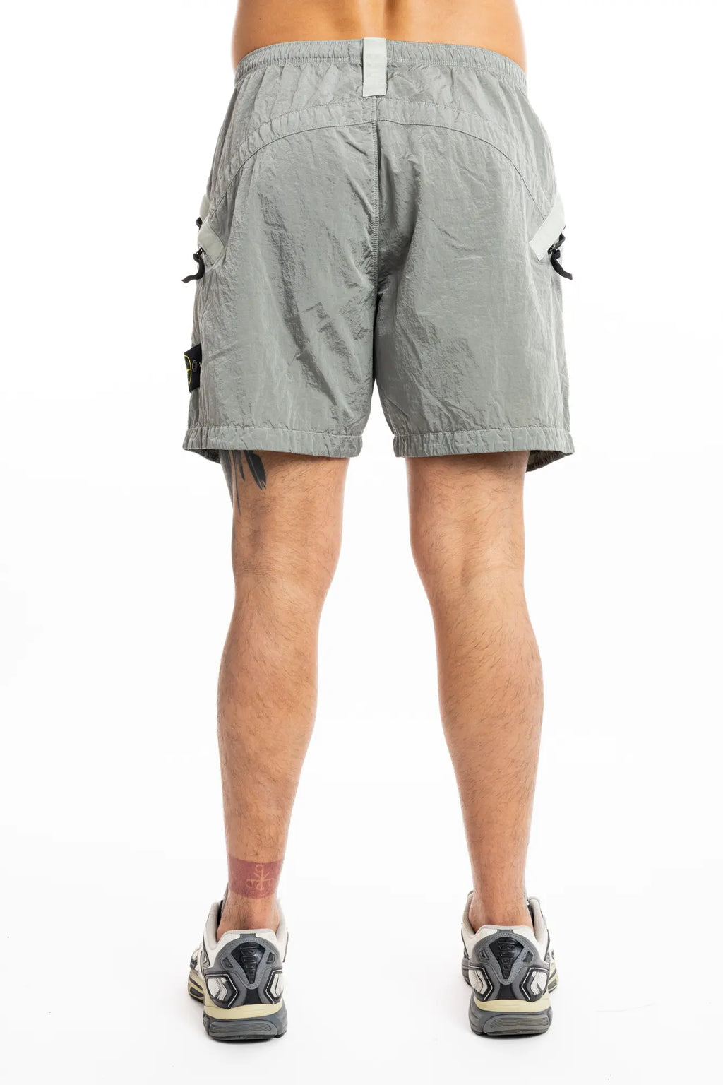 Stone Island, Mens Shorts, Grey V0061, Zip Pockets, Side Pockets, Ykk Zippers, Elasticated Waistband, Drawstring, Compass Badge, Logo-patch, Nylon Metal, Reebok Premier Road Ultra, Tattos, Back Photo. 