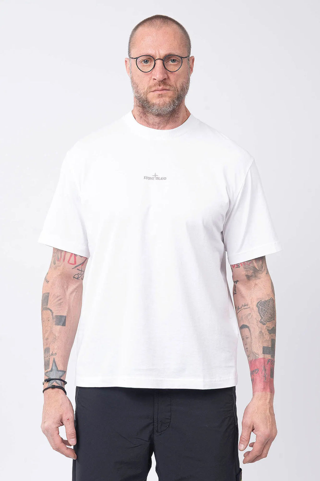 Stone Island, Mens T-Shirt, White V0001, Short Sleeves, Wide Fit, Front and Back Print, Ribbed Hem and Neck, Ribbed Sleeve Cuffs, Carlo Rivetti Print, Carlo Rivetti in the Laboratory Print, Organic Cotton, Ivory, Off-White, Front Portrait. 