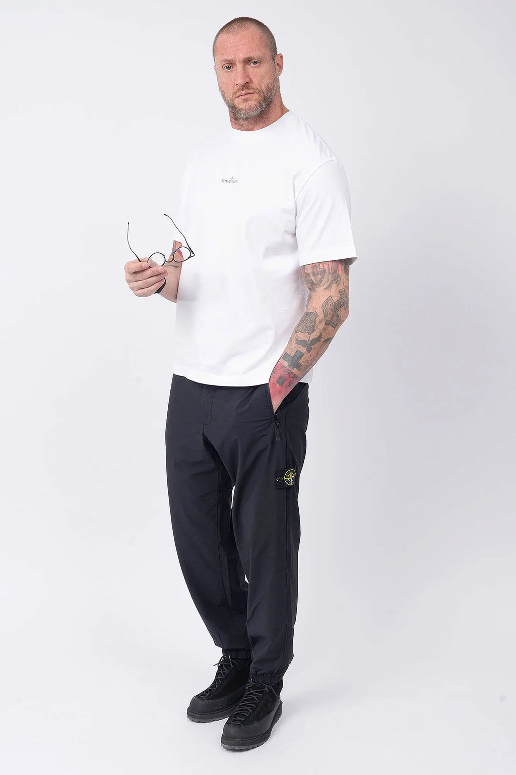 Stone Island, Mens T-Shirt, White V0001, Short Sleeves, Wide Fit, Front and Back Print, Ribbed Hem and Neck, Ribbed Sleeve Cuffs, Carlo Rivetti Print, Carlo Rivetti in the Laboratory Print, Organic Cotton, Ivory, Off-White, Full Body Front View. 