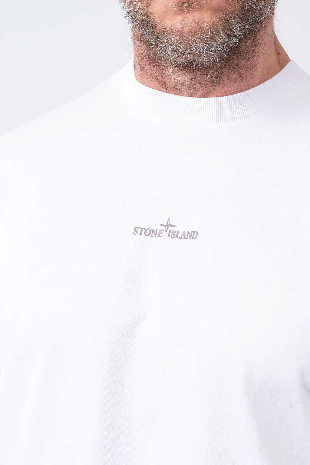 Stone Island, Mens T-Shirt, White V0001, Short Sleeves, Wide Fit, Front and Back Print, Ribbed Hem and Neck, Ribbed Sleeve Cuffs, Carlo Rivetti Print, Carlo Rivetti in the Laboratory Print, Organic Cotton, Ivory, Off-White, Front Print Close-up. 