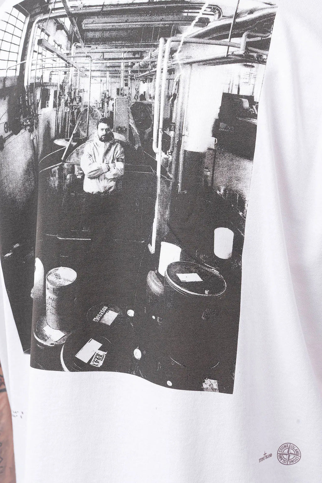 Stone Island, Mens T-Shirt, White V0001, Short Sleeves, Wide Fit, Front and Back Print, Ribbed Hem and Neck, Ribbed Sleeve Cuffs, Carlo Rivetti Print, Carlo Rivetti in the Laboratory Print, Organic Cotton, Ivory, Off-White, Back Print Close-up. 