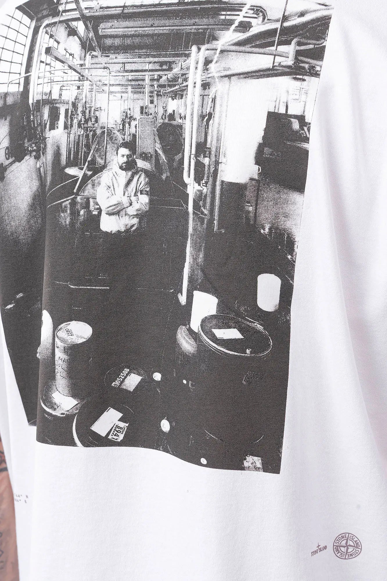 Stone Island, Mens T-Shirt, White V0001, Short Sleeves, Wide Fit, Front and Back Print, Ribbed Hem and Neck, Ribbed Sleeve Cuffs, Carlo Rivetti Print, Carlo Rivetti in the Laboratory Print, Organic Cotton, Ivory, Off-White, Back Print Close-up. 