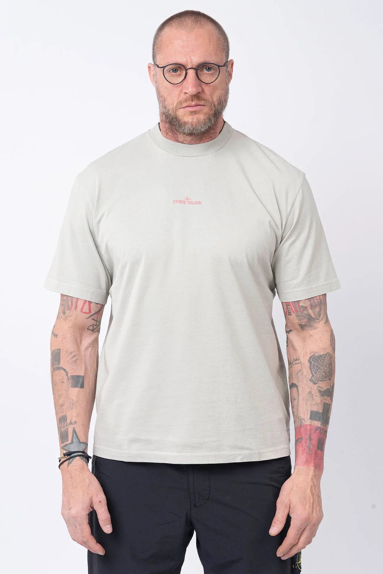 Stone Island, Mens T-Shirt, Pearl Grey V0061, Short Sleeves, Wide Fit, Front and Back Print, Ribbed Hem and Neck, Ribbed Sleeve Cuffs, Carlo Rivetti Print, Carlo Rivetti in the Laboratory Print, Organic Cotton, Ivory, Off-White, Front Portrait. 