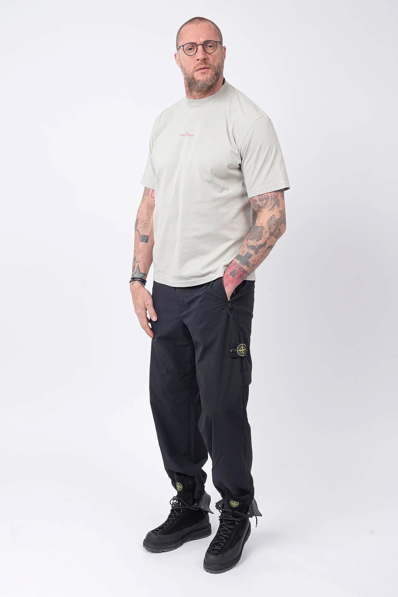 Stone Island, Mens T-Shirt, Pearl Grey V0061, Short Sleeves, Wide Fit, Front and Back Print, Ribbed Hem and Neck, Ribbed Sleeve Cuffs, Carlo Rivetti Print, Carlo Rivetti in the Laboratory Print, Organic Cotton, Ivory, Off-White, Full Body Front View. 