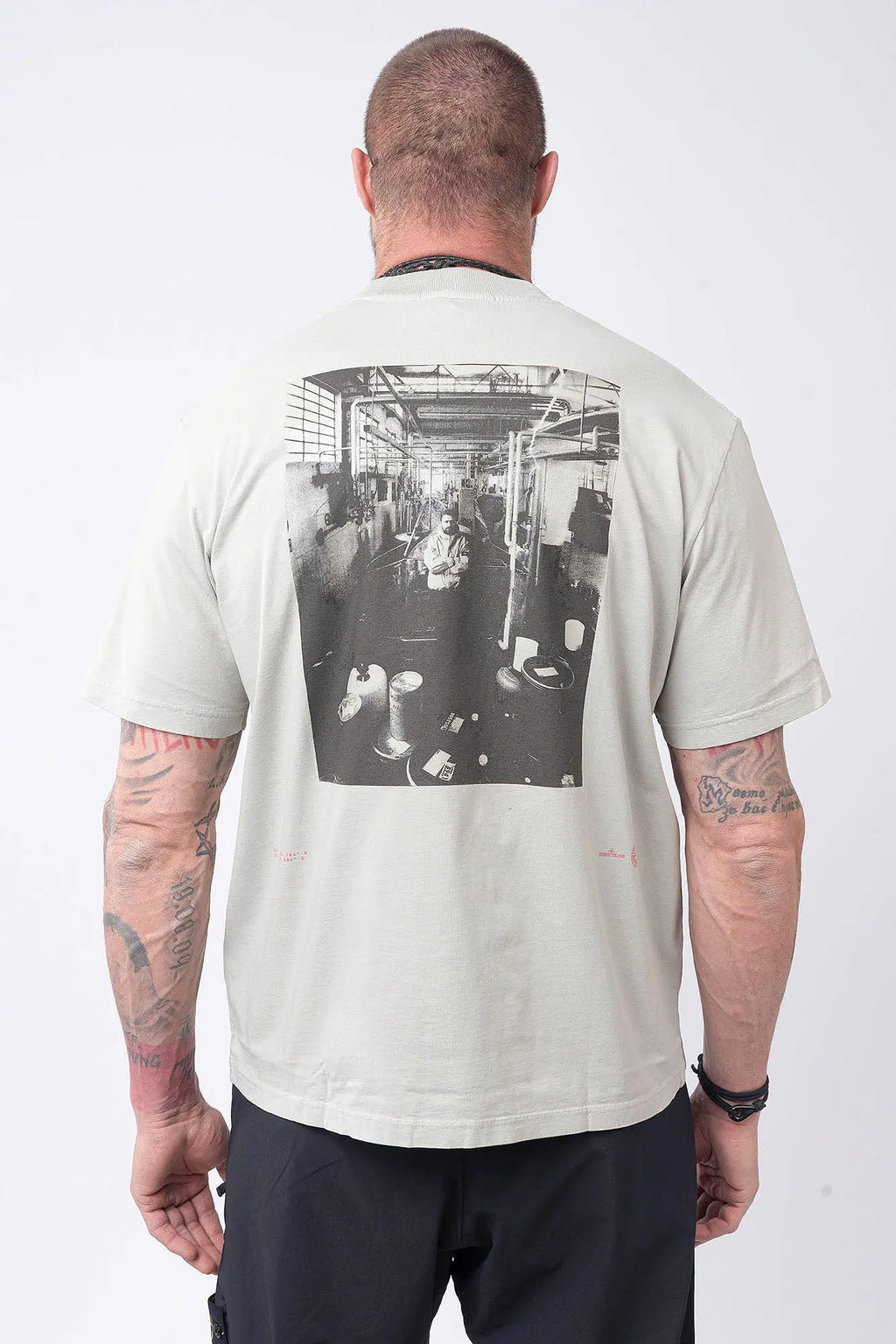Stone Island, Mens T-Shirt, Pearl Grey V0061, Short Sleeves, Wide Fit, Front and Back Print, Ribbed Hem and Neck, Ribbed Sleeve Cuffs, Carlo Rivetti Print, Carlo Rivetti in the Laboratory Print, Organic Cotton, Ivory, Off-White, Back Portrait. 