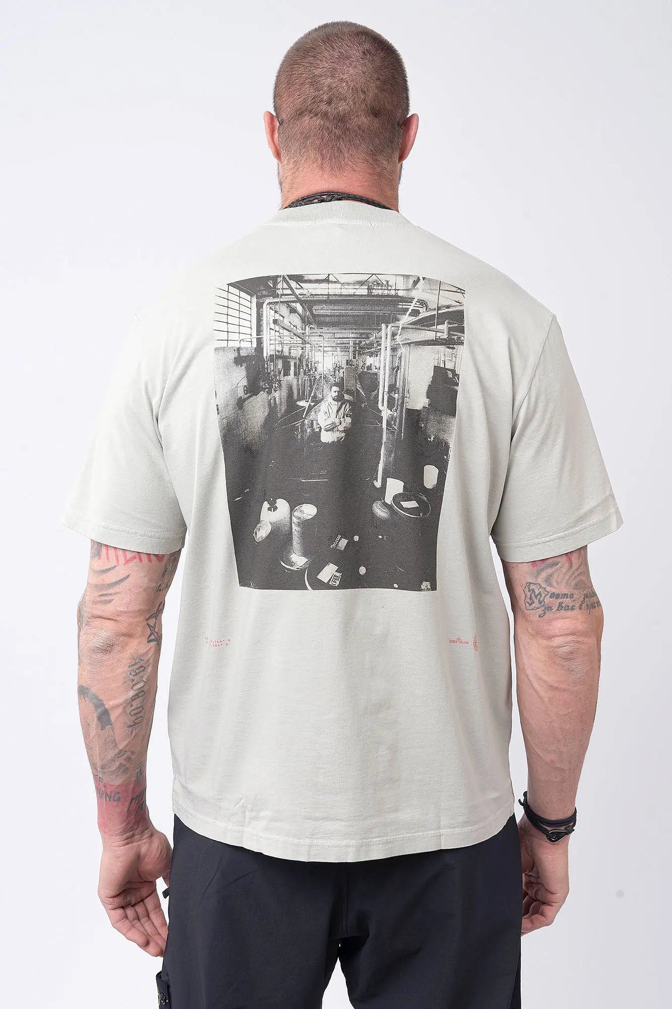 Stone Island, Mens T-Shirt, Pearl Grey V0061, Short Sleeves, Wide Fit, Front and Back Print, Ribbed Hem and Neck, Ribbed Sleeve Cuffs, Carlo Rivetti Print, Carlo Rivetti in the Laboratory Print, Organic Cotton, Ivory, Off-White, Back Portrait. 