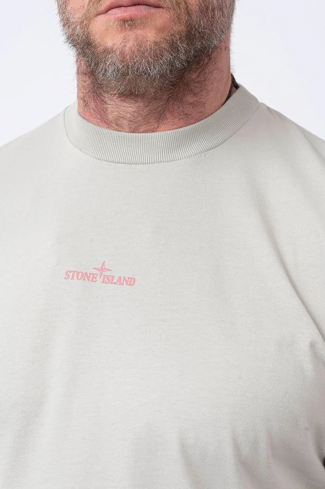 Stone Island, Mens T-Shirt, Pearl Grey V0061, Short Sleeves, Wide Fit, Front and Back Print, Ribbed Hem and Neck, Ribbed Sleeve Cuffs, Carlo Rivetti Print, Carlo Rivetti in the Laboratory Print, Organic Cotton, Ivory, Off-White, Front Print Close-up. 