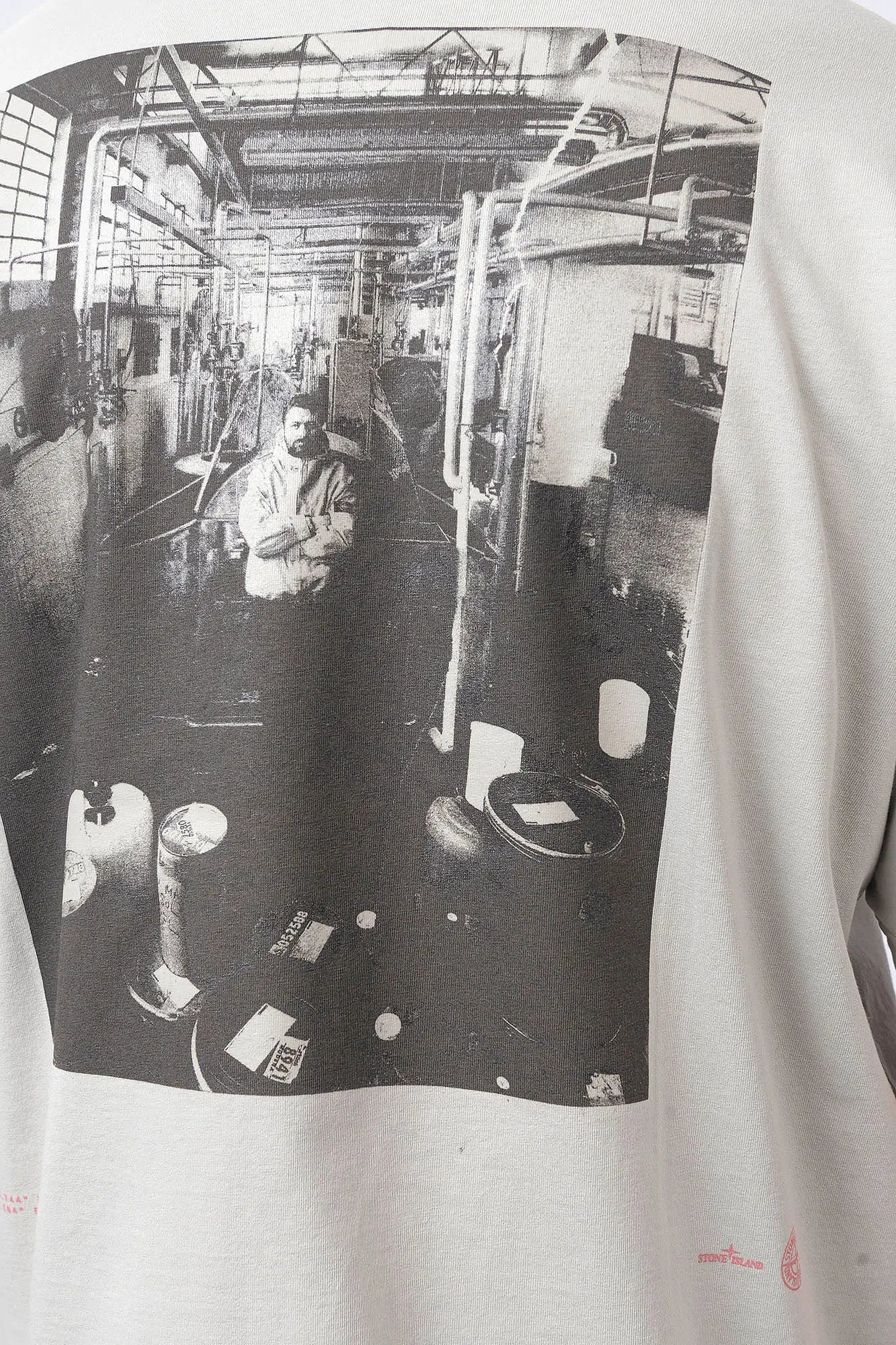 Stone Island, Mens T-Shirt, Pearl Grey V0061, Short Sleeves, Wide Fit, Front and Back Print, Ribbed Hem and Neck, Ribbed Sleeve Cuffs, Carlo Rivetti Print, Carlo Rivetti in the Laboratory Print, Organic Cotton, Ivory, Off-White, Back Carlo Rivetti Print Close-up. 