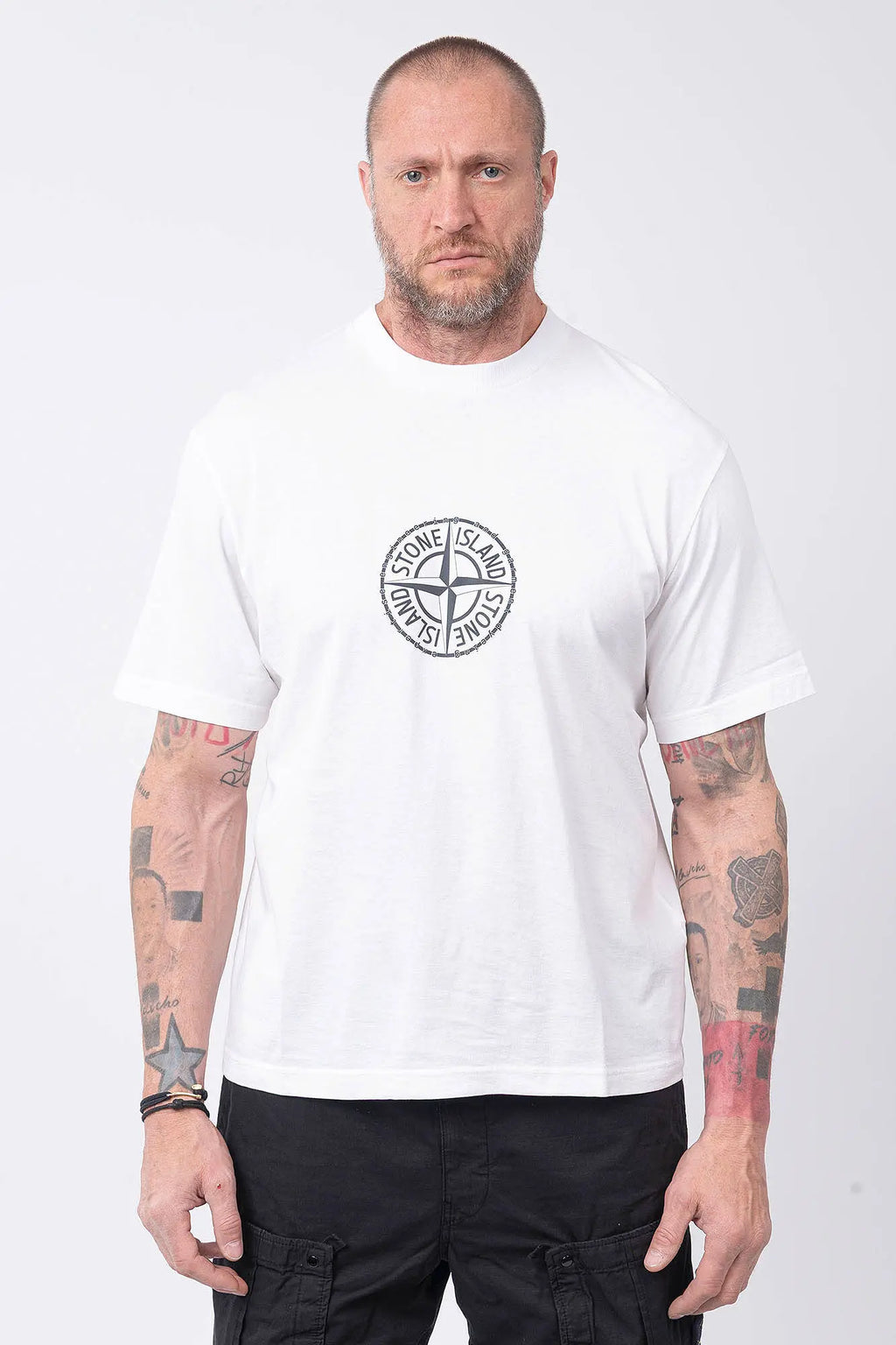 Stone Island, Mens T-Shirt, White, Dyed, Front and Back Print, Compass Print, All Around Compass, Logo Print, Compass Logo, Logo-patch, Stone Island Badge, Short Sleeves, Wide Fit, Front Portrait. 