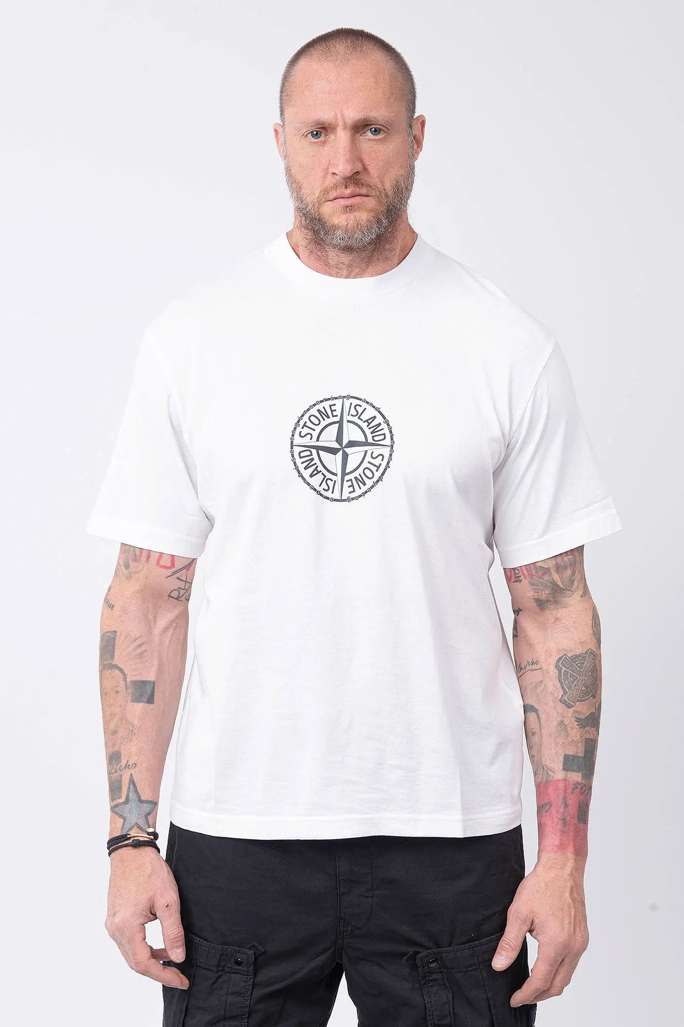 Stone Island, Mens T-Shirt, White, Dyed, Front and Back Print, Compass Print, All Around Compass, Logo Print, Compass Logo, Logo-patch, Stone Island Badge, Short Sleeves, Wide Fit, Front Portrait. 