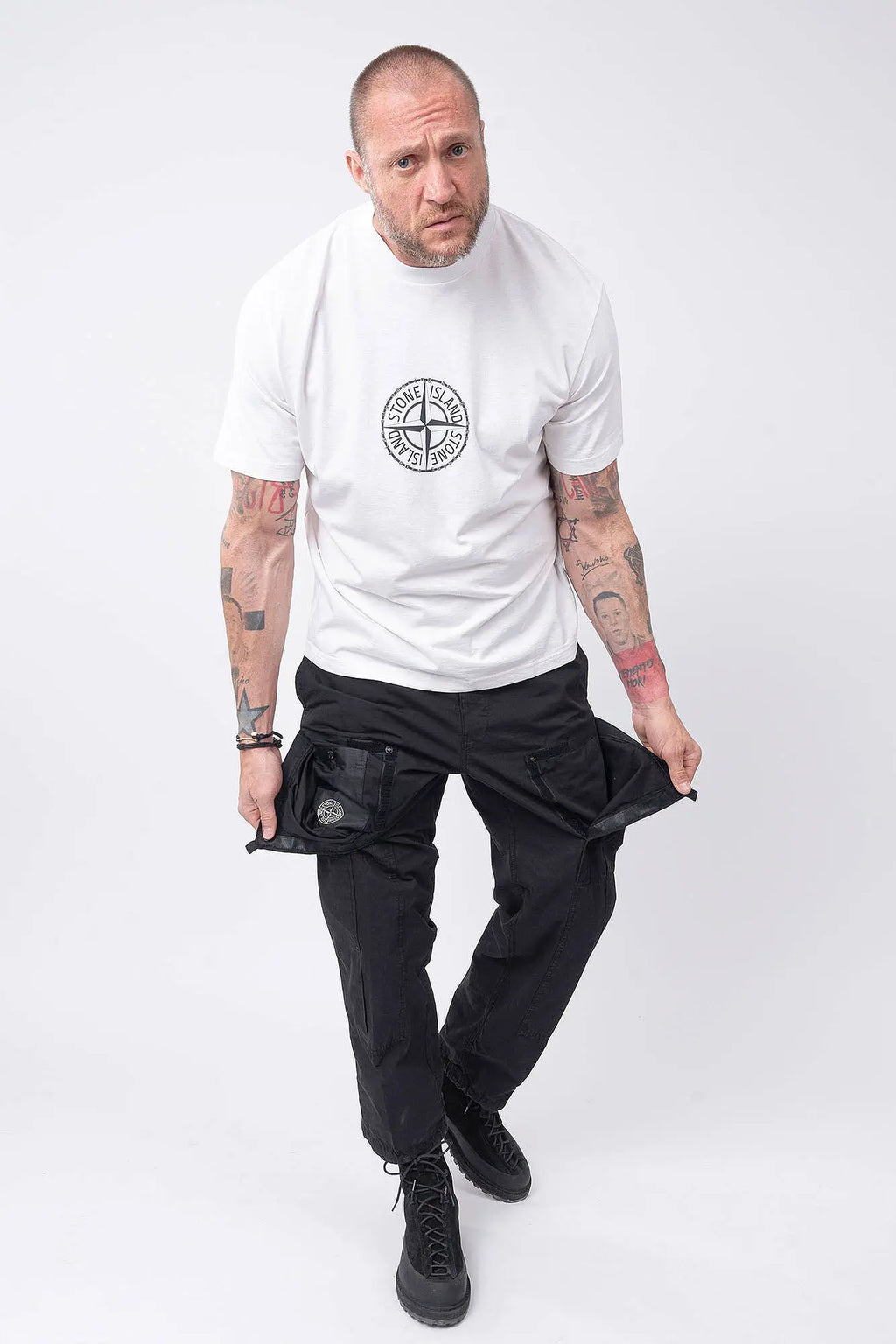 Stone Island, Mens T-Shirt, White, Dyed, Front and Back Print, Compass Print, All Around Compass, Logo Print, Compass Logo, Logo-patch, Stone Island Badge, Short Sleeves, Wide Fit, Full Body Front View. 
