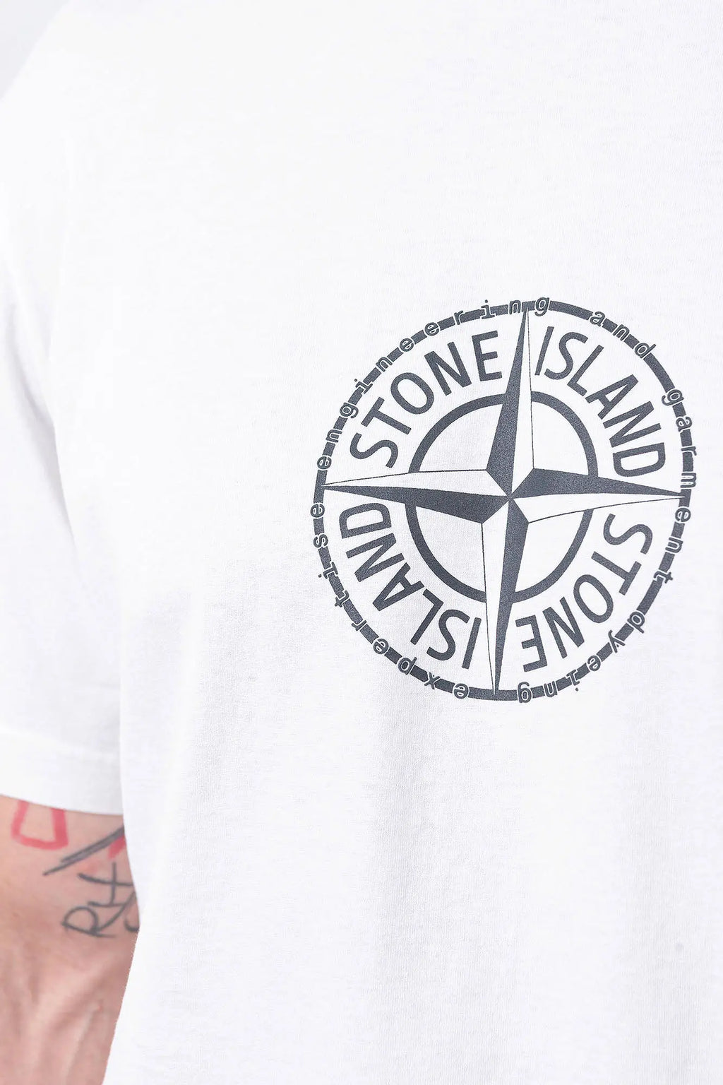Stone Island, Mens T-Shirt, White, Dyed, Front and Back Print, Compass Print, All Around Compass, Logo Print, Compass Logo, Logo-patch, Stone Island Badge, Short Sleeves, Wide Fit, Front Print Close-up. 