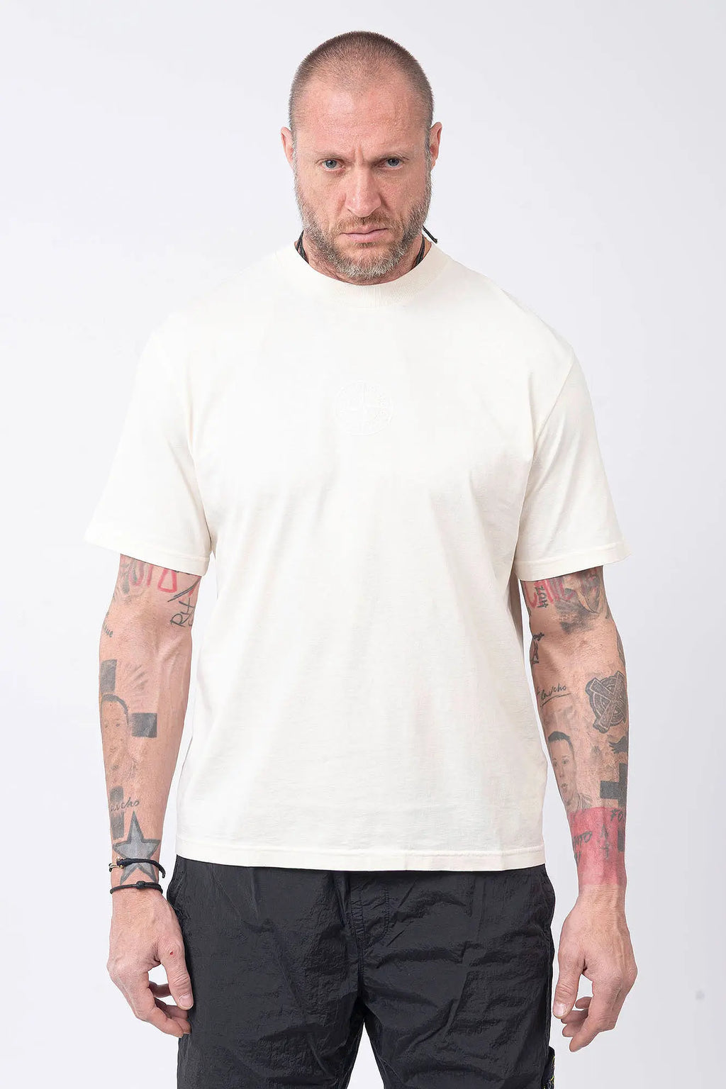 Stone Island, Mens T-Shirt, Ivory, V0093, Garment Dyed, Front and Back Print, Camo Compass, Stone Island Compass Badge, Logo-patch, Compass Logo, Camo Flock Details, Short Sleeves, Front Portrait. 