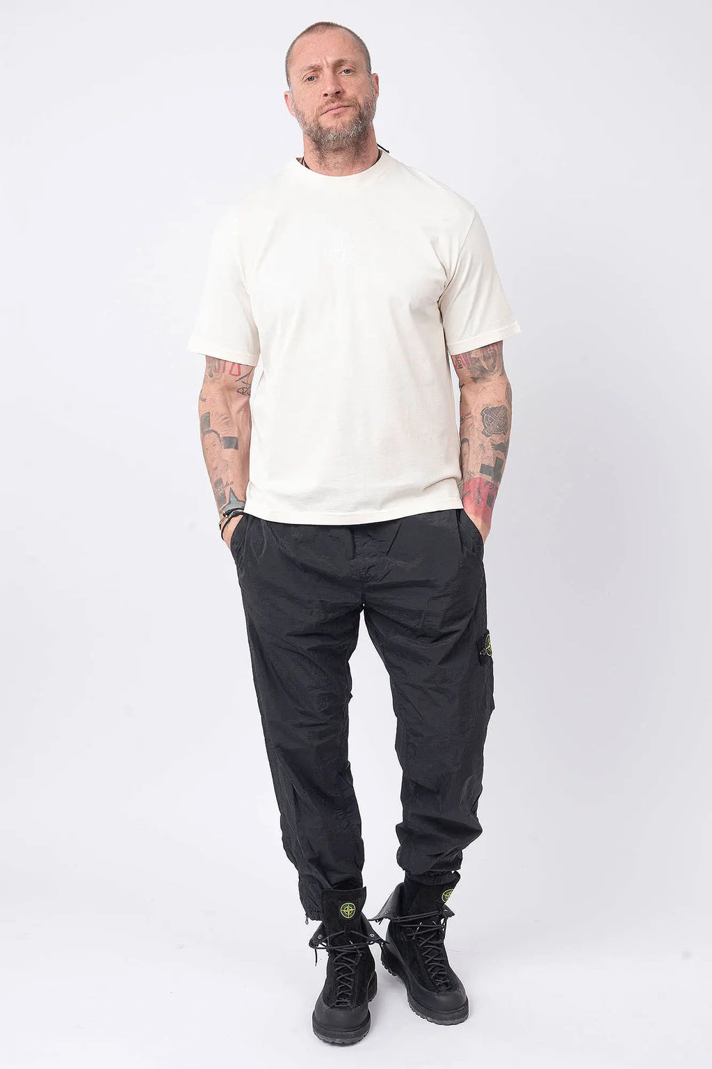 Stone Island, Mens T-Shirt, Ivory, V0093, Garment Dyed, Front and Back Print, Camo Compass, Stone Island Compass Badge, Logo-patch, Compass Logo, Camo Flock Details, Short Sleeves, Full Body Front View. 