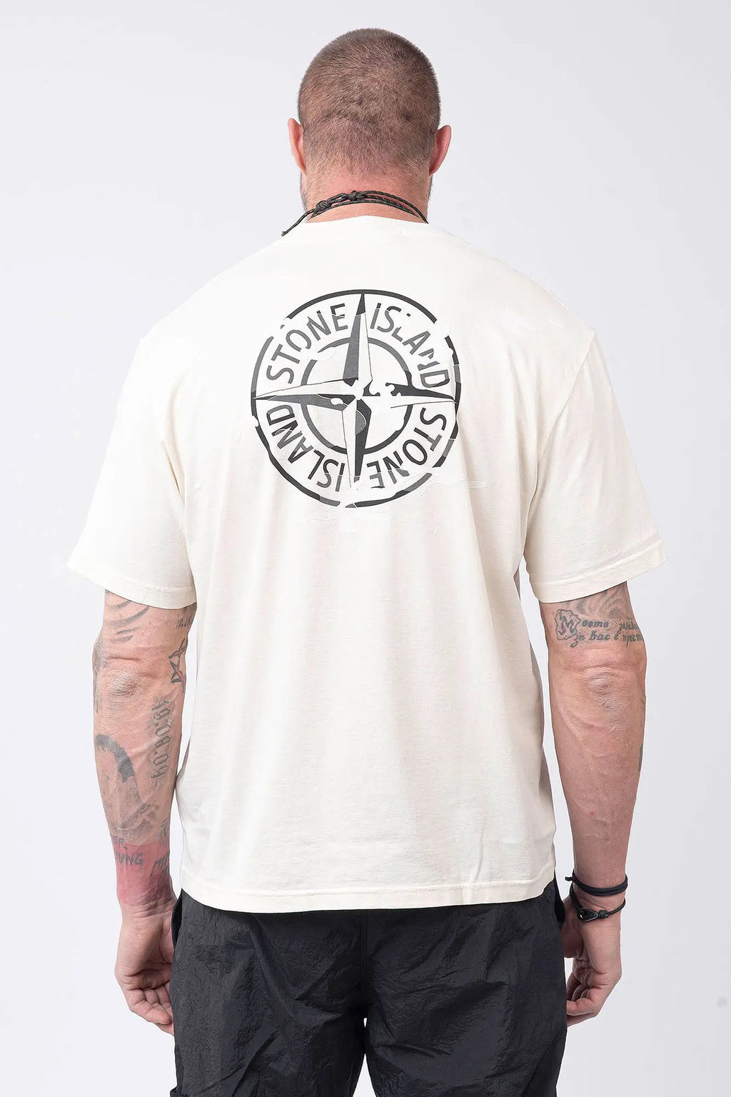 Stone Island, Mens T-Shirt, Ivory, V0093, Garment Dyed, Front and Back Print, Camo Compass, Stone Island Compass Badge, Logo-patch, Compass Logo, Camo Flock Details, Short Sleeves, Back Portrait. 