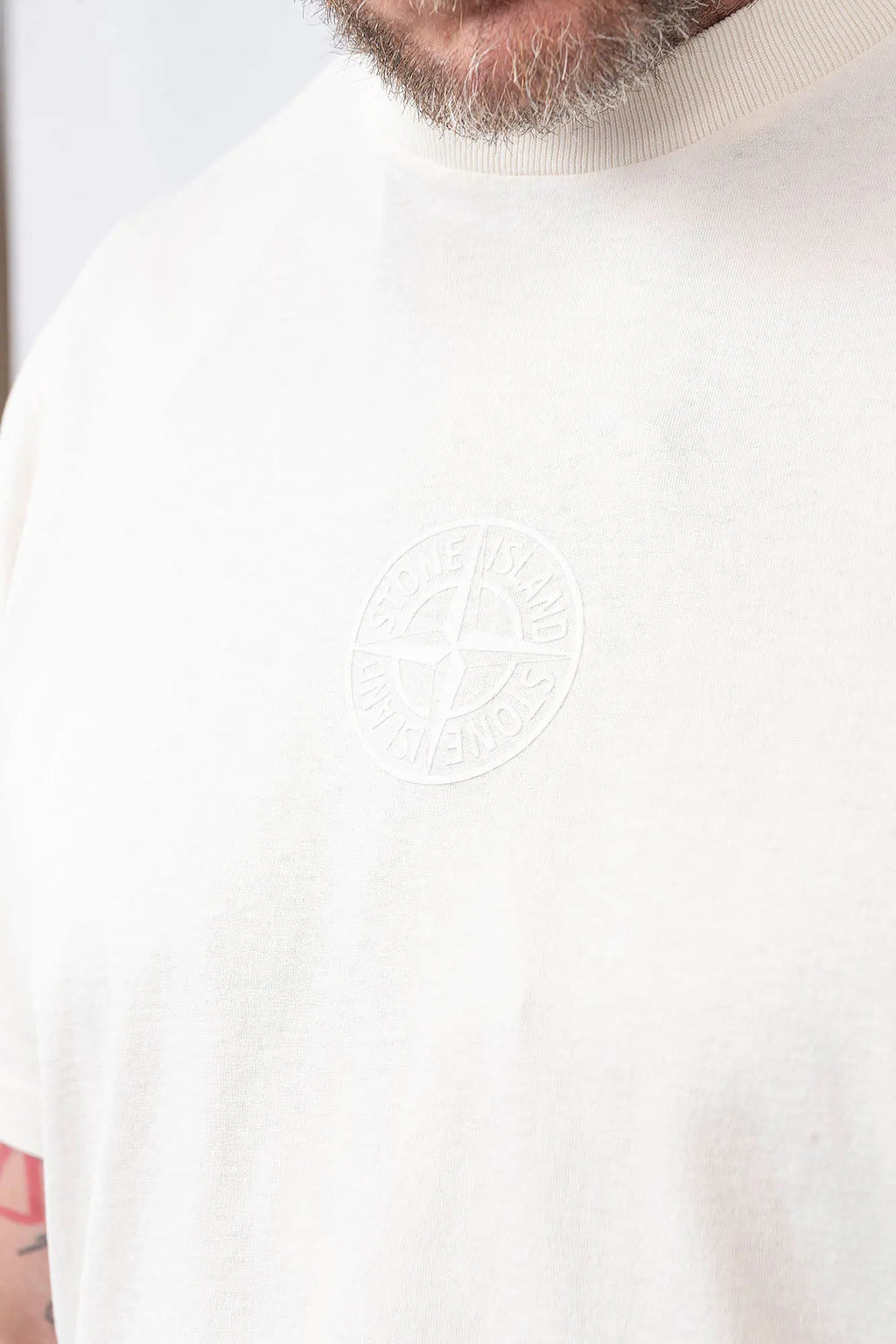 Stone Island, Mens T-Shirt, Ivory, V0093, Garment Dyed, Front and Back Print, Camo Compass, Stone Island Compass Badge, Logo-patch, Compass Logo, Camo Flock Details, Short Sleeves, Front Print Close-up. 