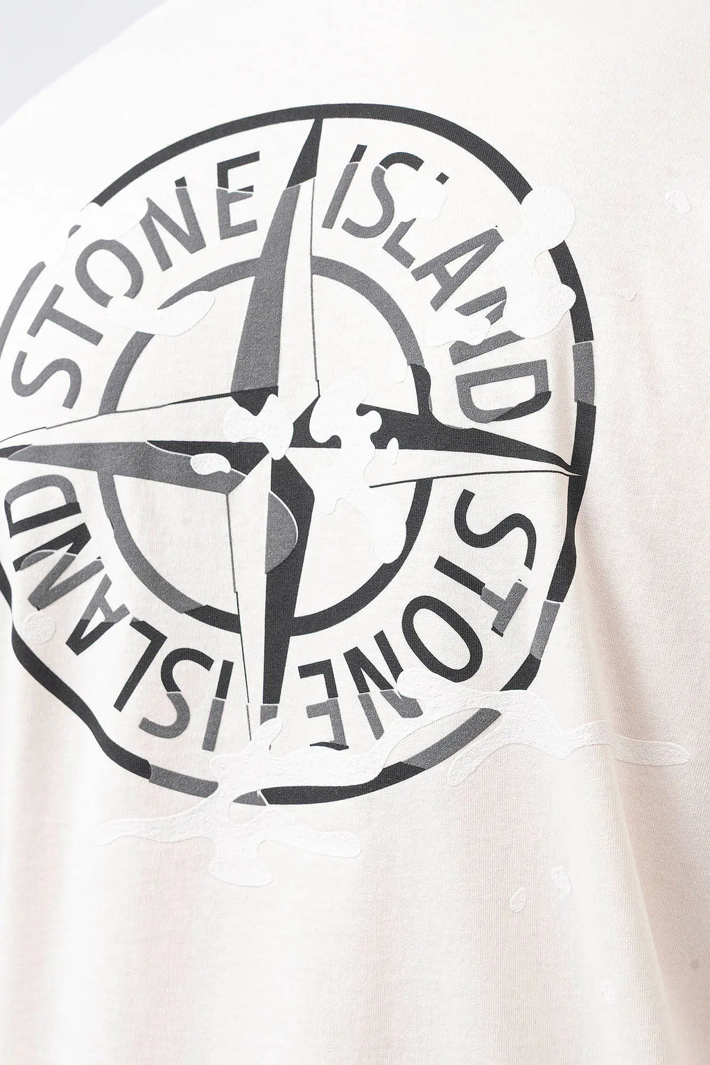Stone Island, Mens T-Shirt, Ivory, V0093, Garment Dyed, Front and Back Print, Camo Compass, Stone Island Compass Badge, Logo-patch, Compass Logo, Camo Flock Details, Short Sleeves, Back Print Close-up. 