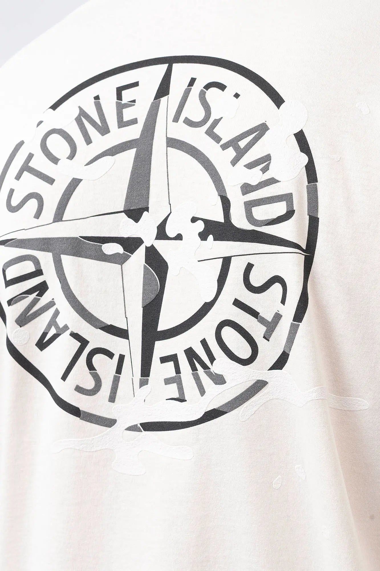 Stone Island, Mens T-Shirt, Ivory, V0093, Garment Dyed, Front and Back Print, Camo Compass, Stone Island Compass Badge, Logo-patch, Compass Logo, Camo Flock Details, Short Sleeves, Back Print Close-up. 