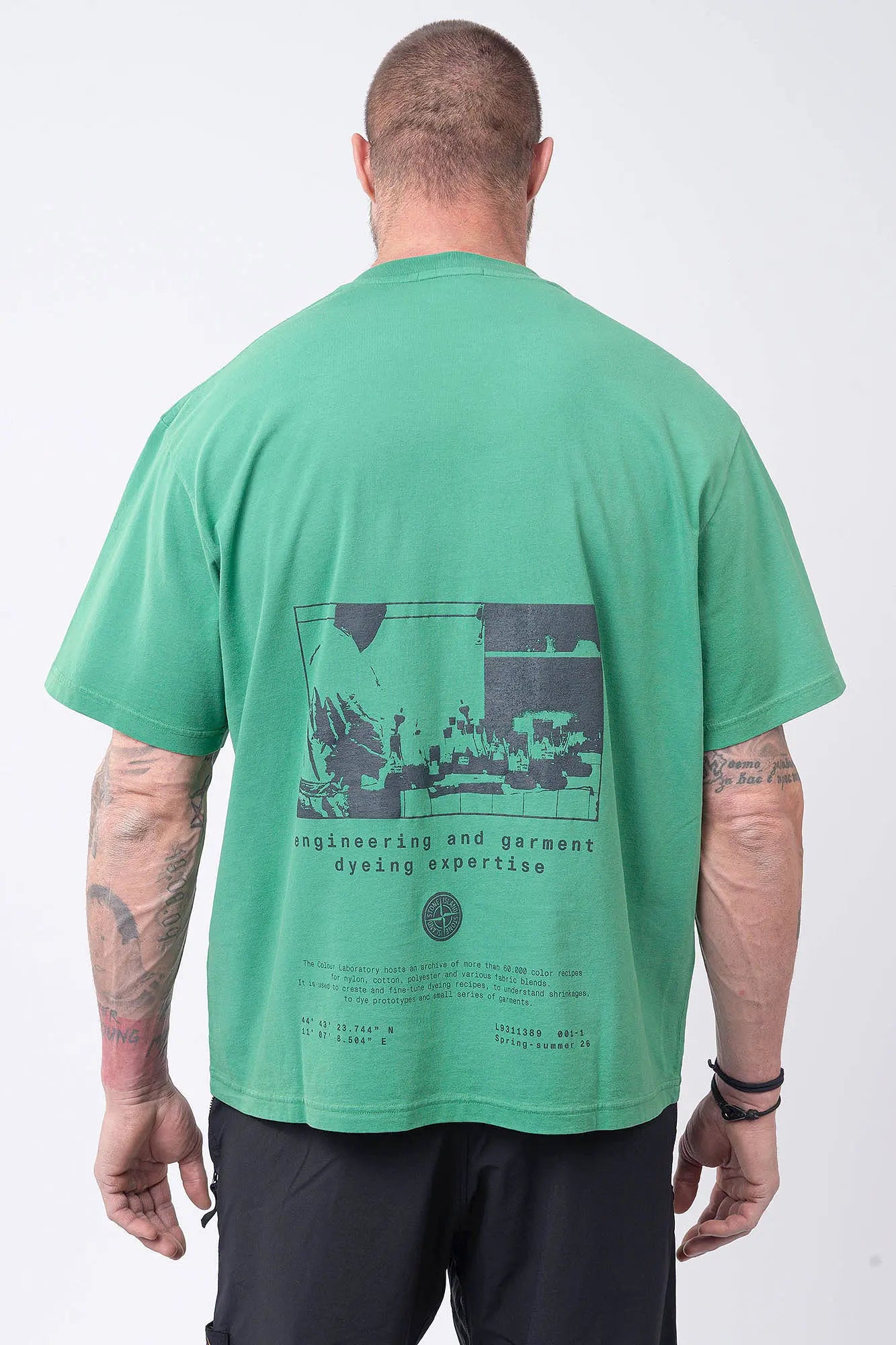 Stone Island, Mens T-Shirt, Malachite V005H, Green, Garment Dyed, Wide Fit, Short Sleeves, Ribbed Neck, Round Neck, Crewneck, Front and Back Print, Stone Island Print, Compass Print, Compass Badge, Logo-patch, Screen Print, Ribbed Hem and Sleeves, Back Portrait. 