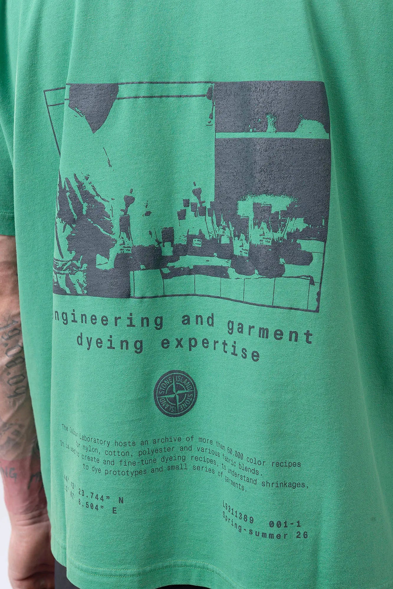 Stone Island, Mens T-Shirt, Malachite V005H, Green, Garment Dyed, Wide Fit, Short Sleeves, Ribbed Neck, Round Neck, Crewneck, Front and Back Print, Stone Island Print, Compass Print, Compass Badge, Logo-patch, Screen Print, Ribbed Hem and Sleeves, Back Print Close-up. 