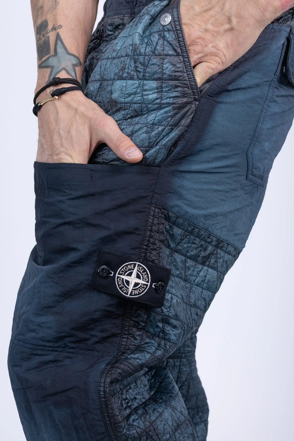 Stone Island, Mens Pants, Blue on Black V0029, Corrosion Treated, Compass Badge, Logo-patch, Limited Edition Stone Island Logo, Elasticated Cuffs, Side Pockets, Pockets Showcase Close-up. 