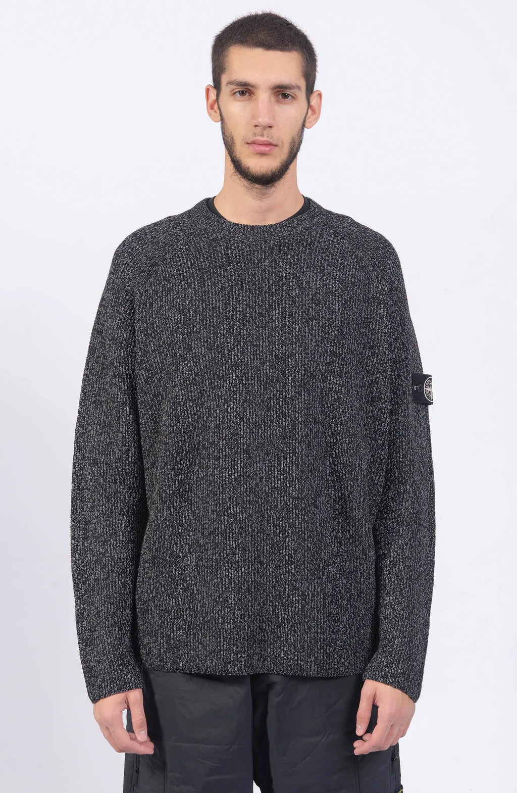 Stone Island, Mens Jumper, Black Melange V0M29, Reflective Coating, Long Sleeves, Limited Edition Bagde, Front Portrait Photo. 