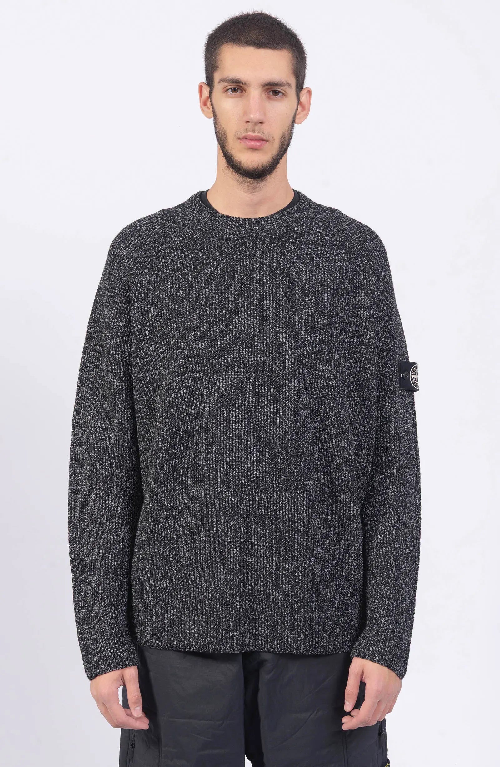 Stone Island, Mens Jumper, Black Melange V0M29, Reflective Coating, Long Sleeves, Limited Edition Bagde, Front Portrait Photo. 