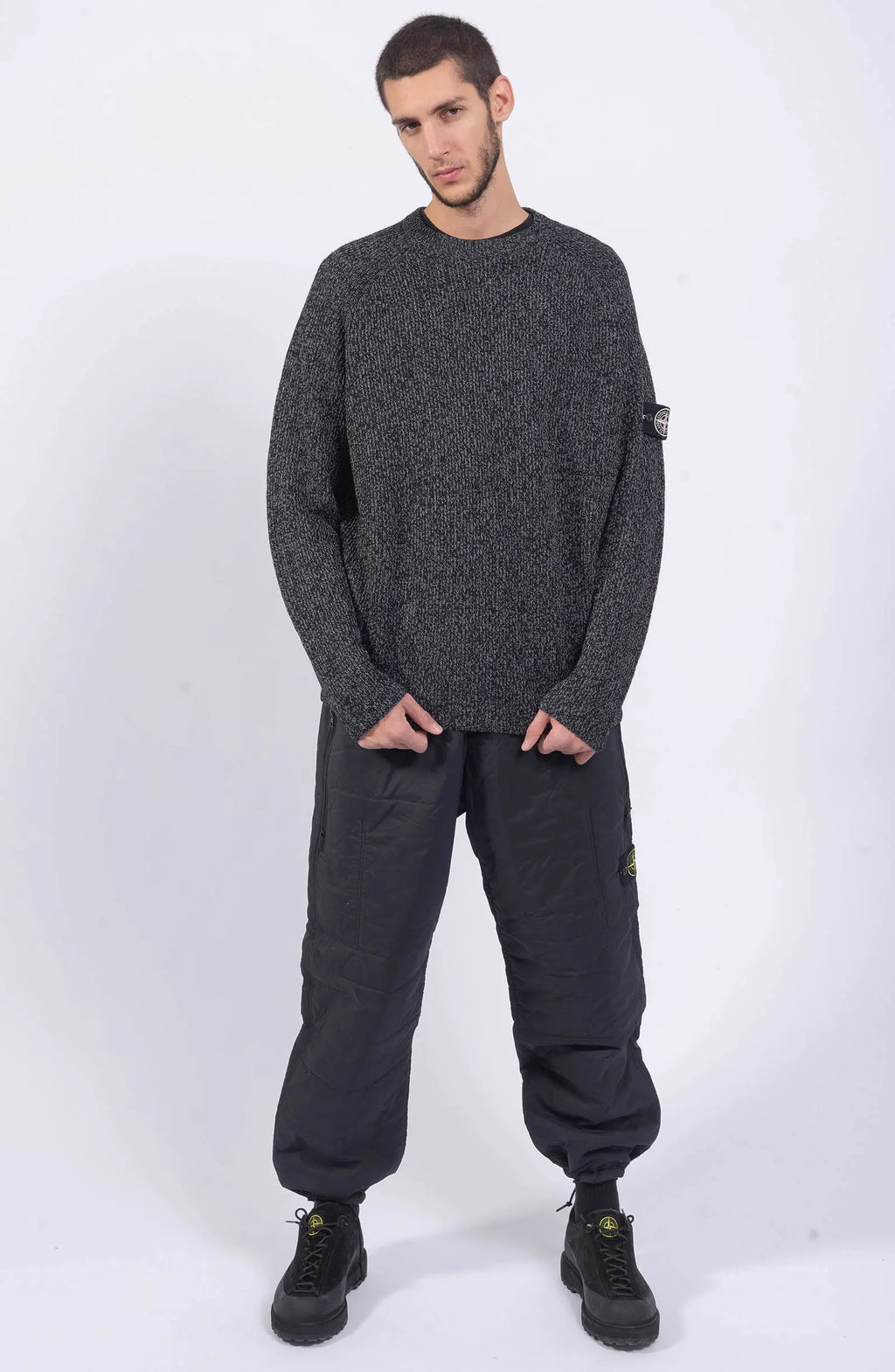Stone Island, Mens Jumper, Black Melange V0M29, Reflective Coating, Long Sleeves, Limited Edition Bagde, Full Body Photo. 