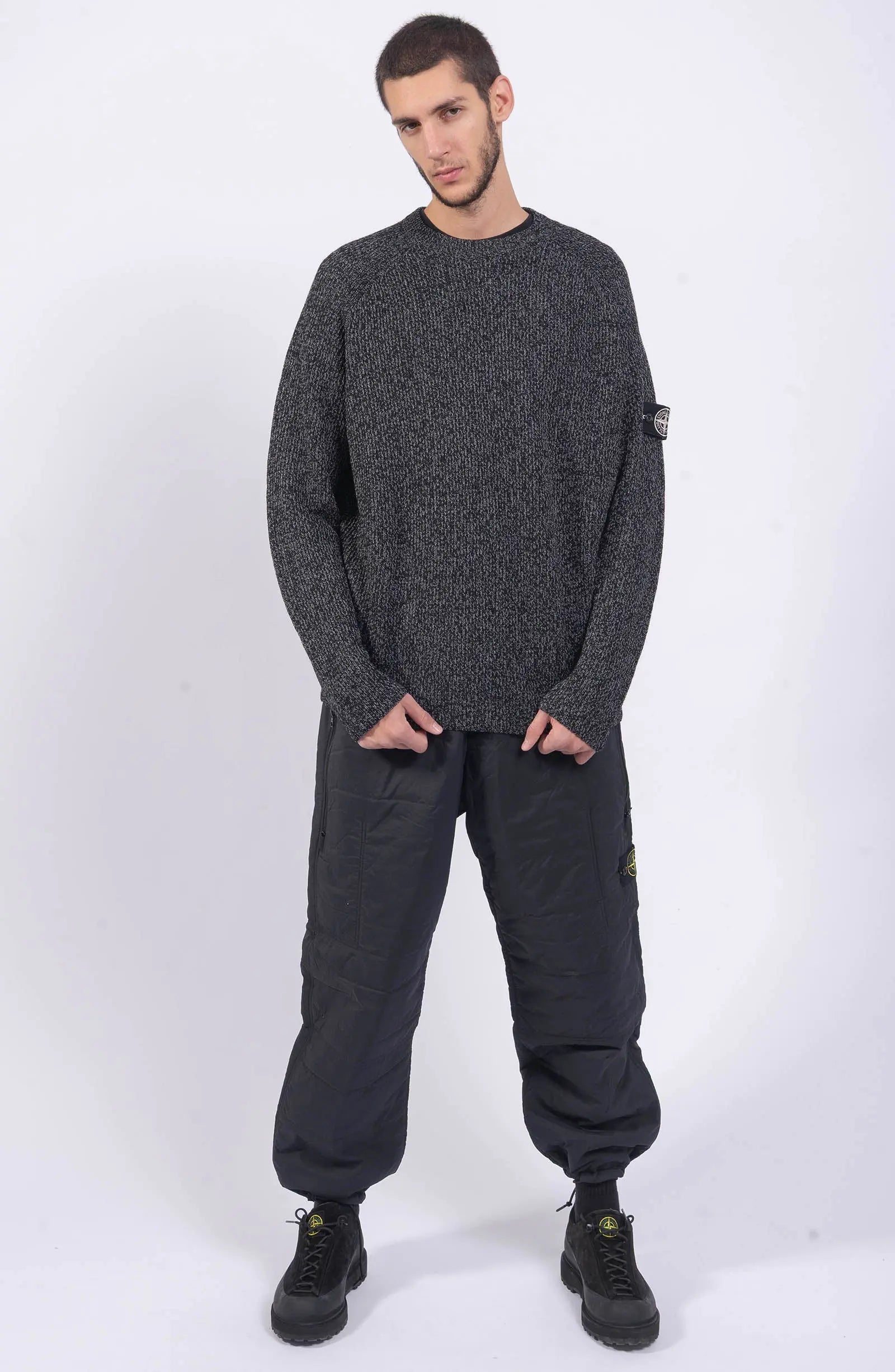 Stone Island, Mens Jumper, Black Melange V0M29, Reflective Coating, Long Sleeves, Limited Edition Bagde, Full Body Photo. 