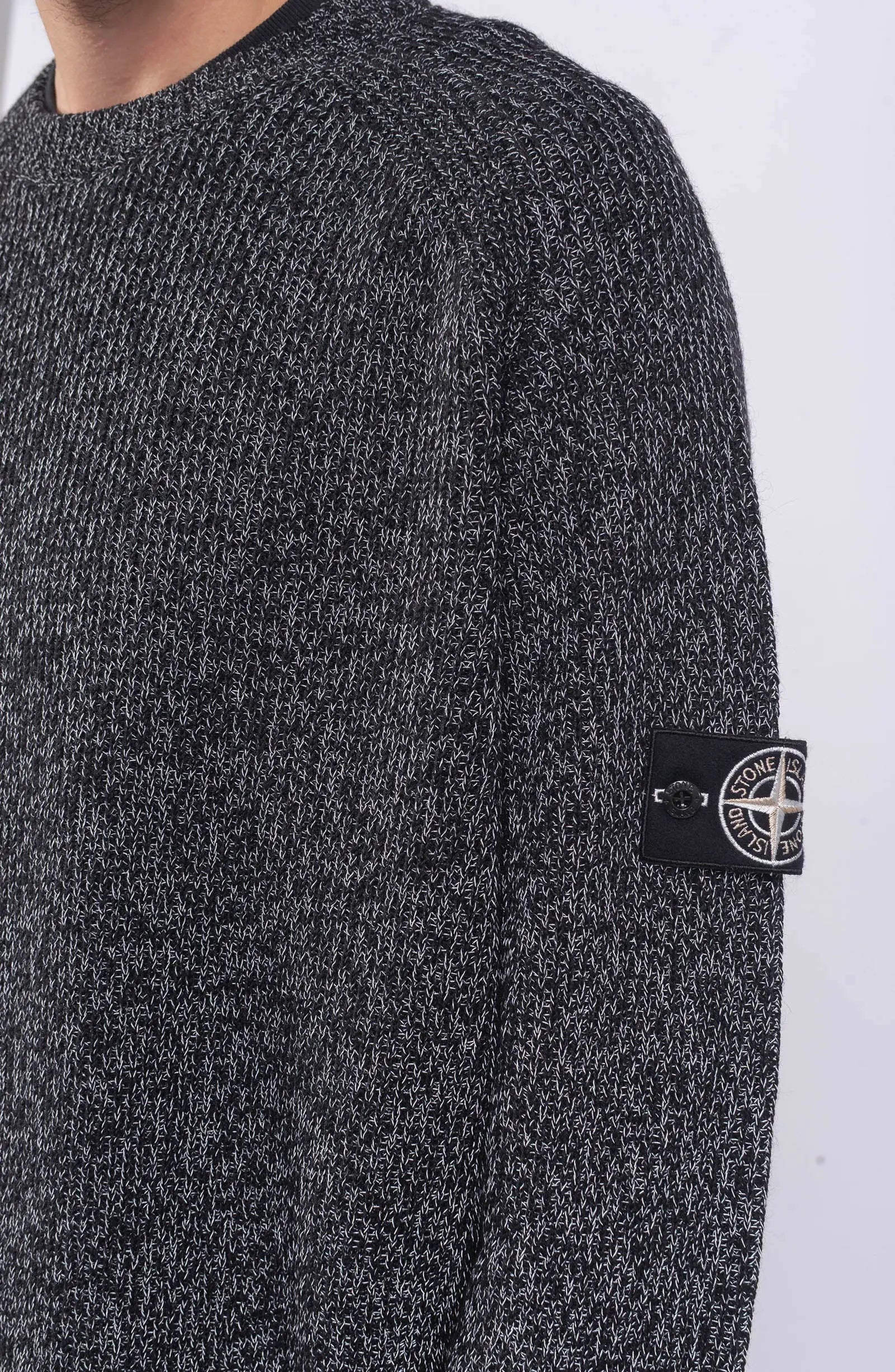 Stone Island, Mens Jumper, Black Melange V0M29, Reflective Coating, Long Sleeves, Limited Edition Bagde, Badge Close-up. 