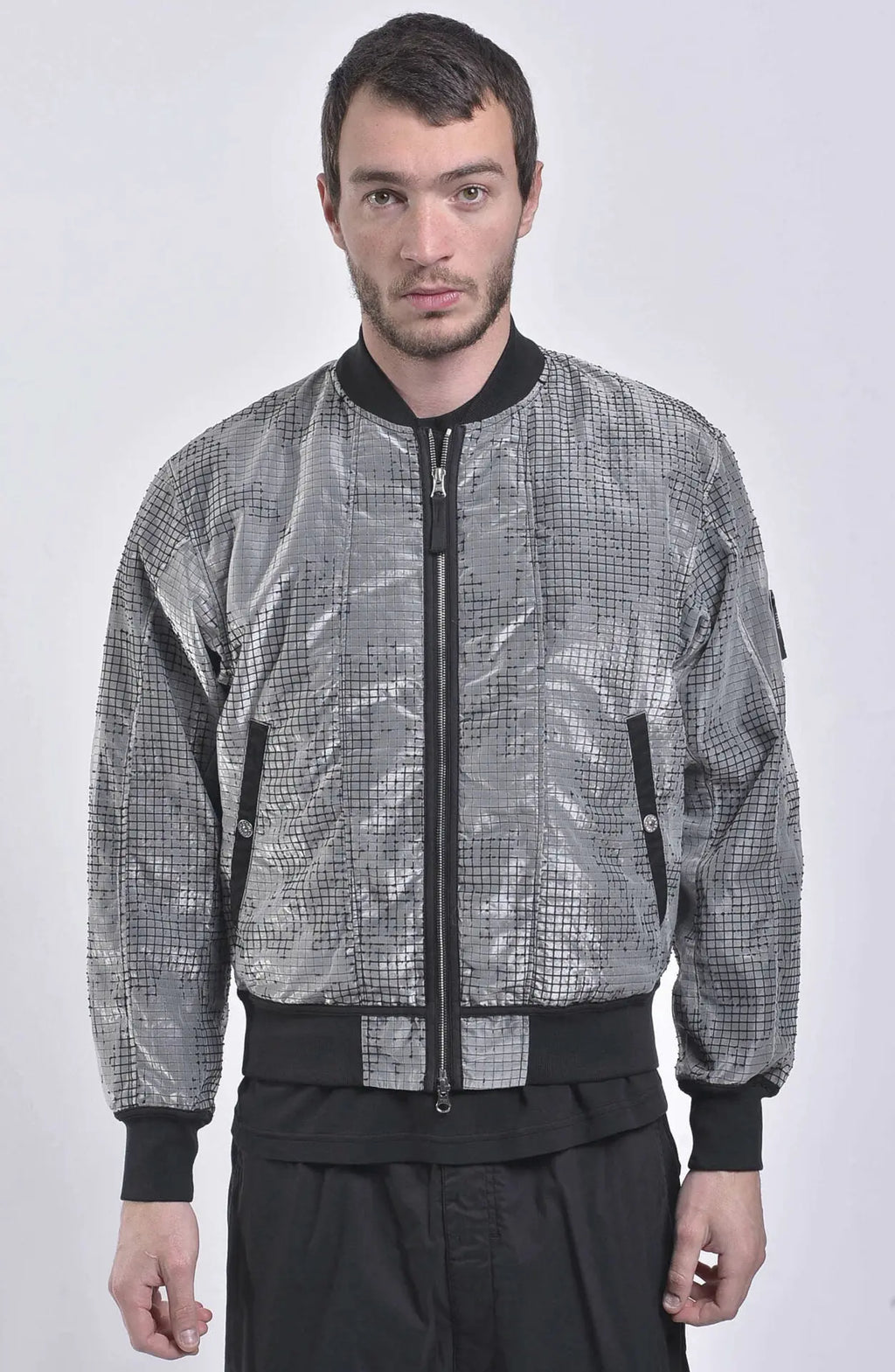 Stone Island, Shadow Project, Checkered Black and Grey, Mens Jacket, Bomber Jacket, Shadow Project Badge, Front Photo. 