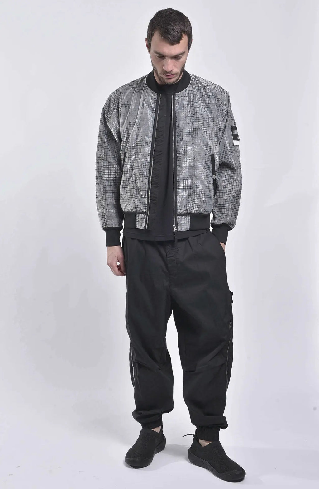 Stone Island, Shadow Project, Checkered Black and Grey, Mens Jacket, Bomber Jacket, Shadow Project Badge, Full Body Front Photo. 