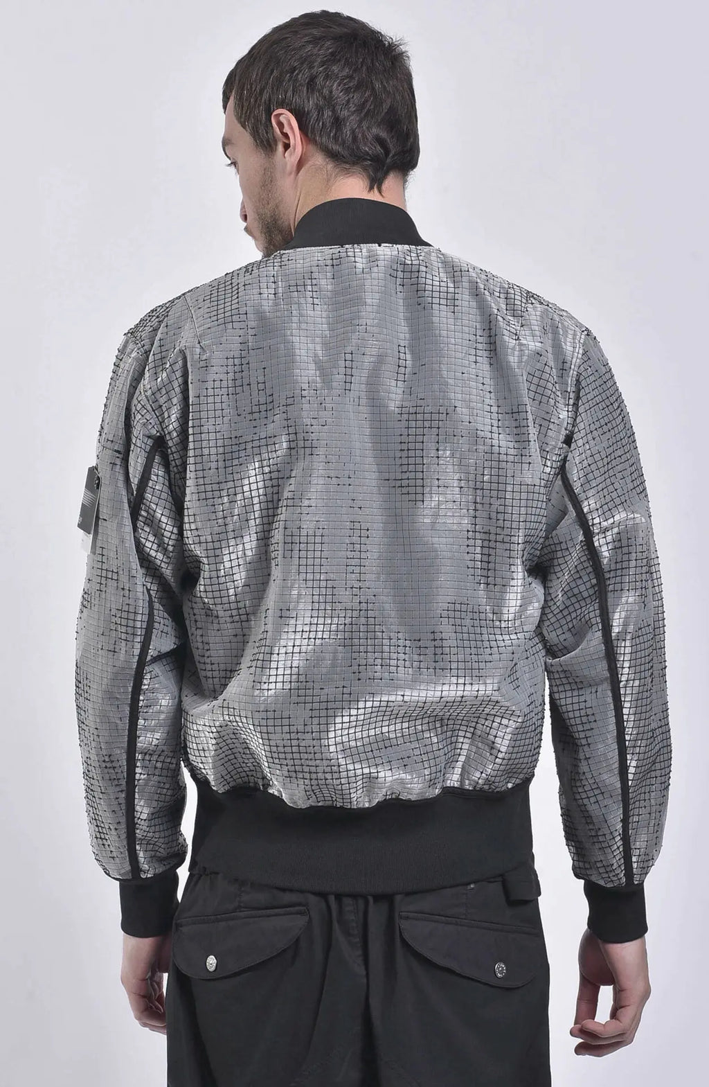 Stone Island, Shadow Project, Checkered Black and Grey, Mens Jacket, Bomber Jacket, Shadow Project Badge, Back Photo. 