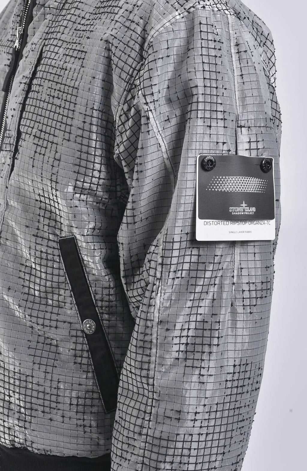 Stone Island, Shadow Project, Checkered Black and Grey, Mens Jacket, Bomber Jacket, Shadow Project Badge, Stone Island Buttons, Badge Close-up Photo. 