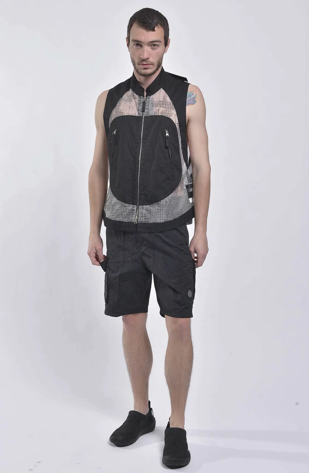 Stone Island, Mens Vest, Shadow Project, Black, Grey, Gray, Transparent, Ripstop Vest, Full Body Front Photo. 