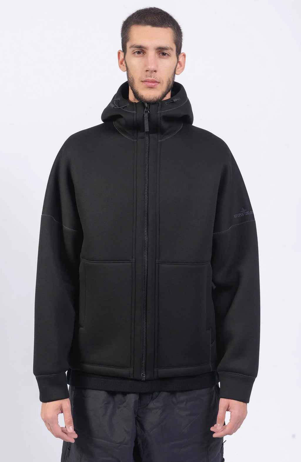 Stone Island, Mens Sweatshirt, Black V0029, Full Zip, Scuba Fleece, Vislon YKK Zipper, Hooded, Side Pockets, Stone Island Logo, Front Portrait. 