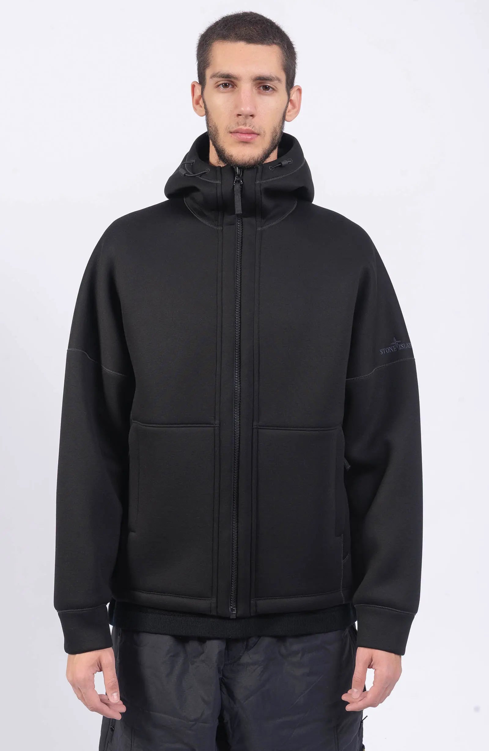 Stone Island, Mens Sweatshirt, Black V0029, Full Zip, Scuba Fleece, Vislon YKK Zipper, Hooded, Side Pockets, Stone Island Logo, Front Portrait. 